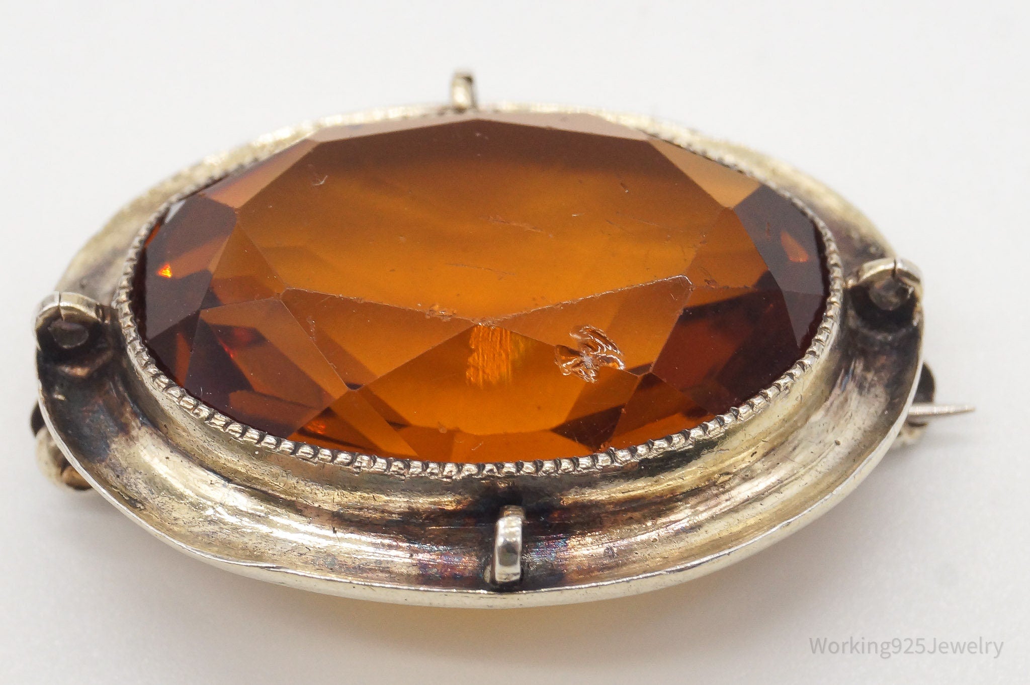 Antique Large Orange Glass Gold Tone Sterling Silver Brooch Pin