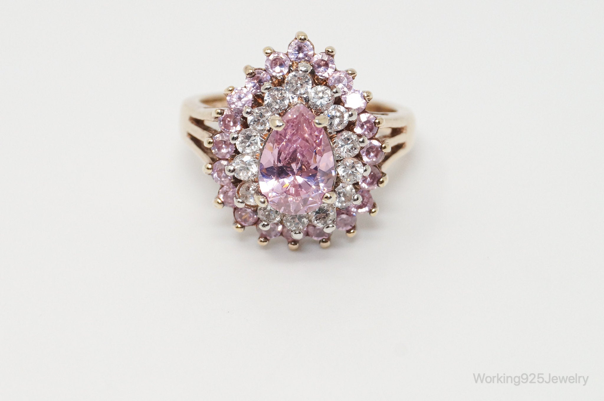 Vintage Designer RJ Gold Vermeil Pink CZ Sterling Silver Ring - Size 7