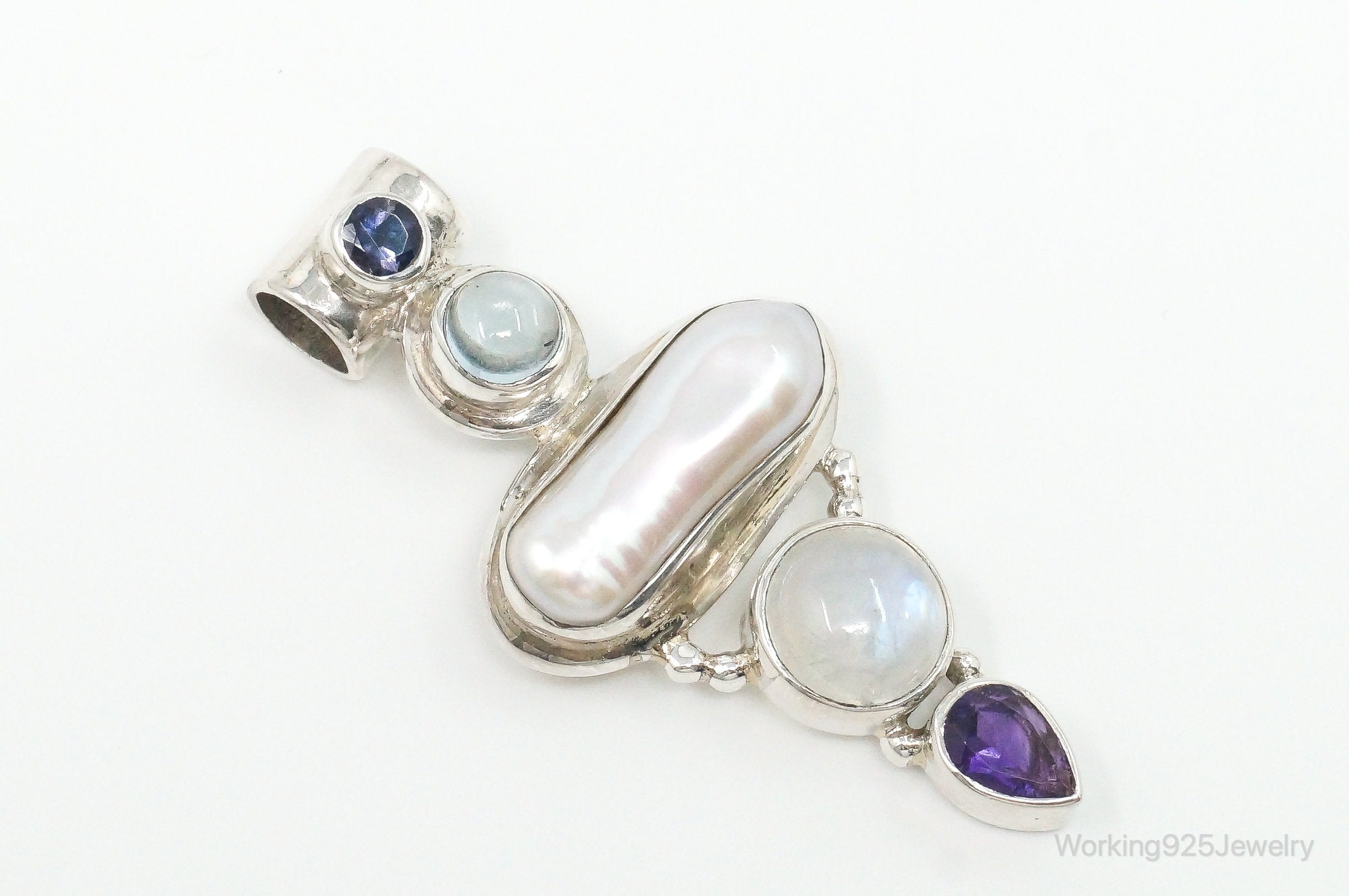 Large SJ Amethyst Blue Topaz Moonstone Iolite Sterling Silver Pendant