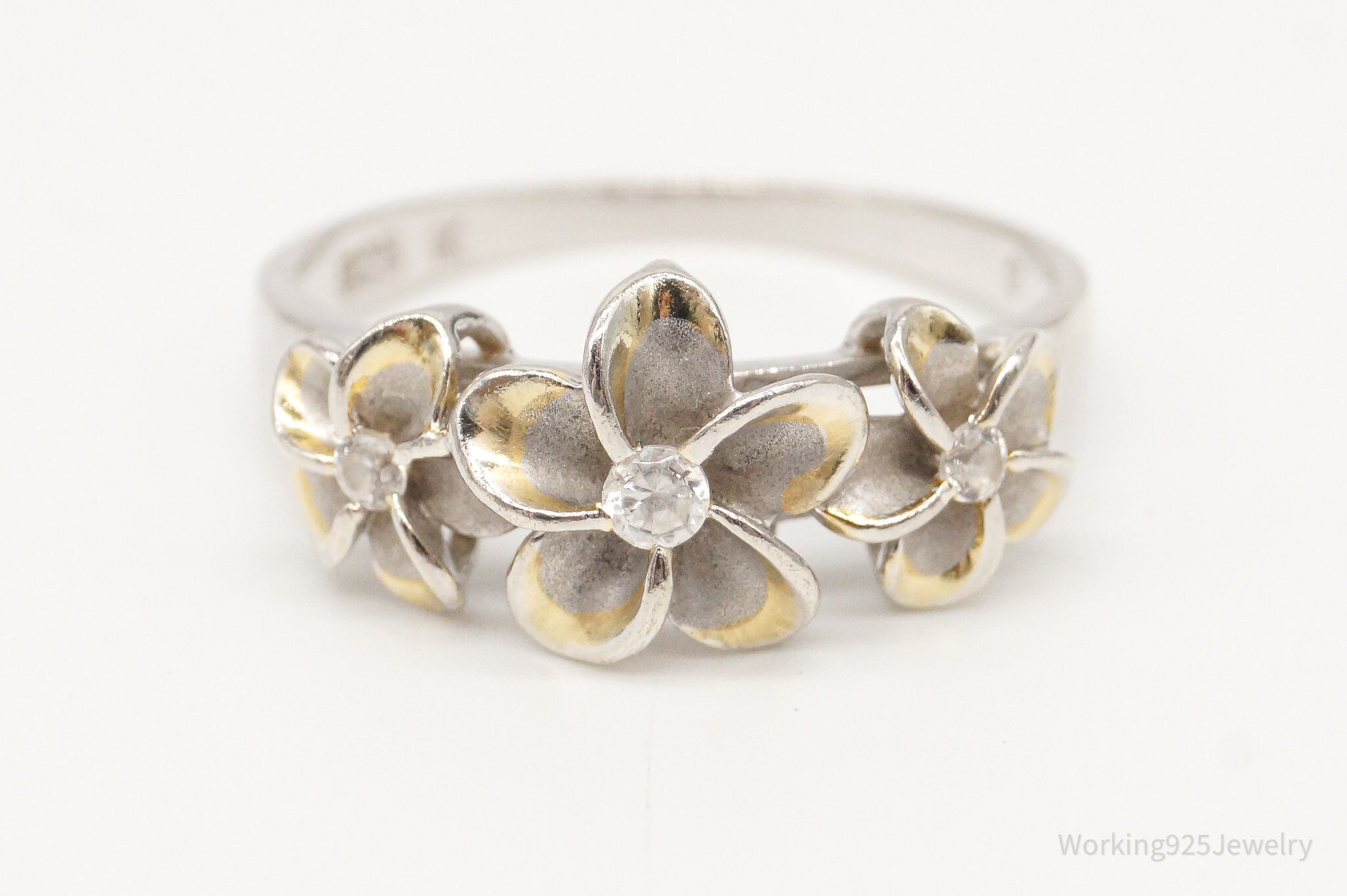 Vintage Cubic Zirconia Flowers Gold Vermeil Sterling Silver Ring - Size 9