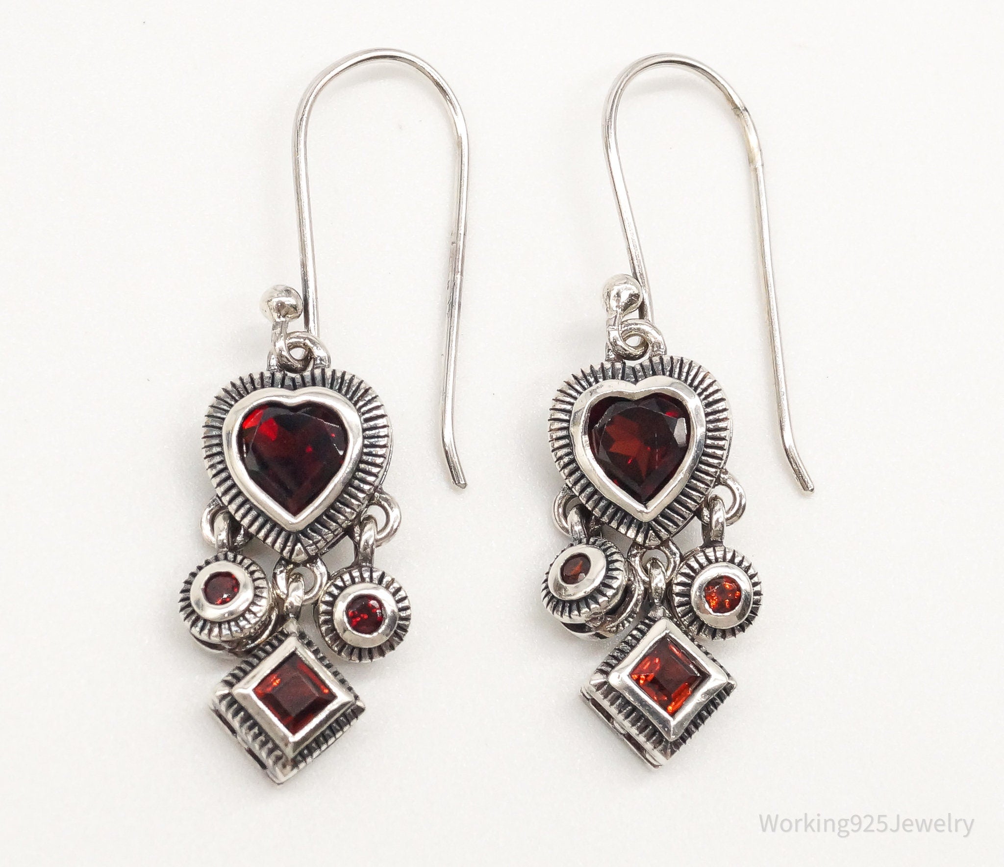 Vintage Garnet Hearts Sterling Silver Earrings