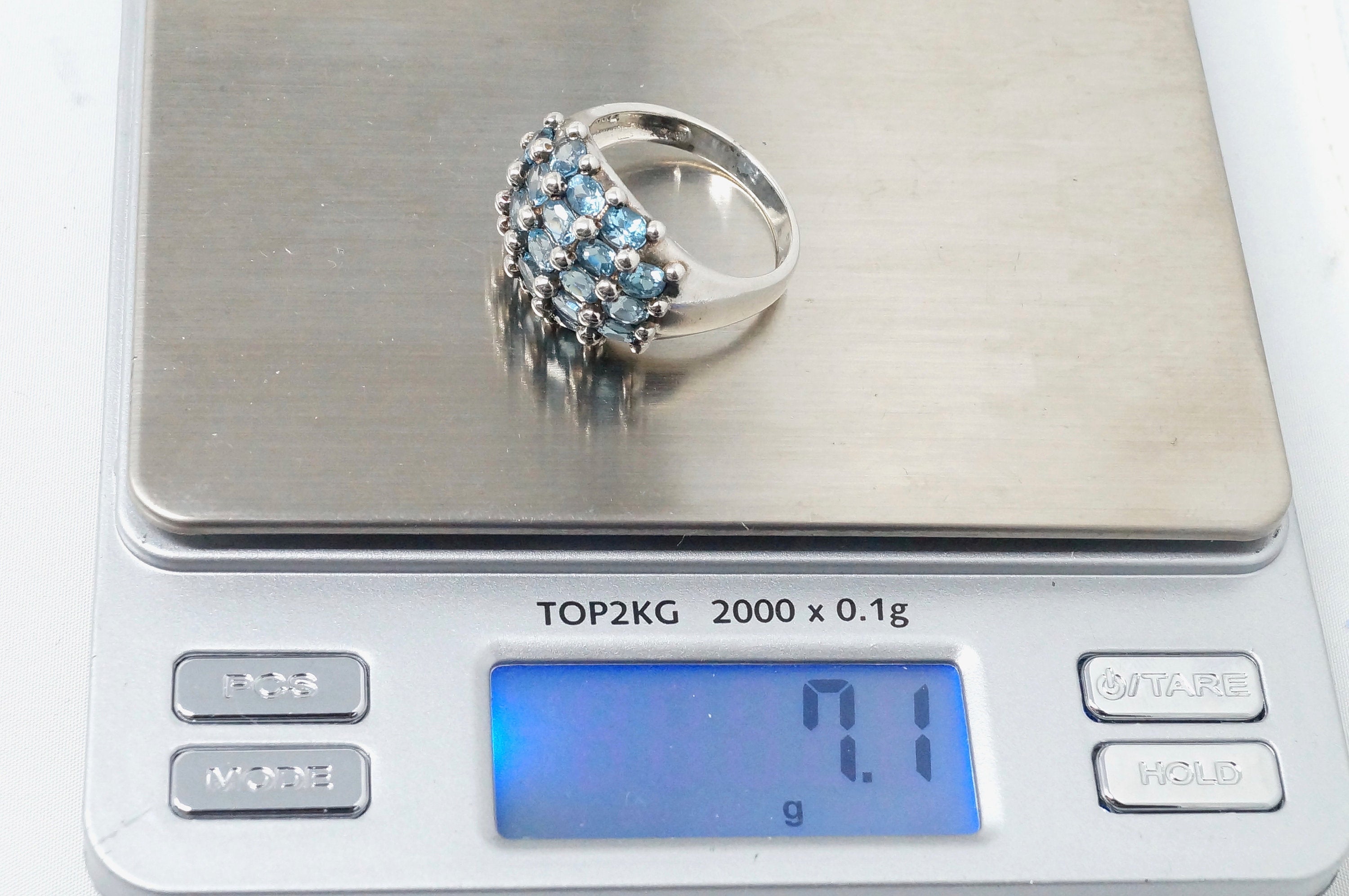 Vintage Cluster Style Blue Topaz Statement Sterling Silver Ring - Size 10