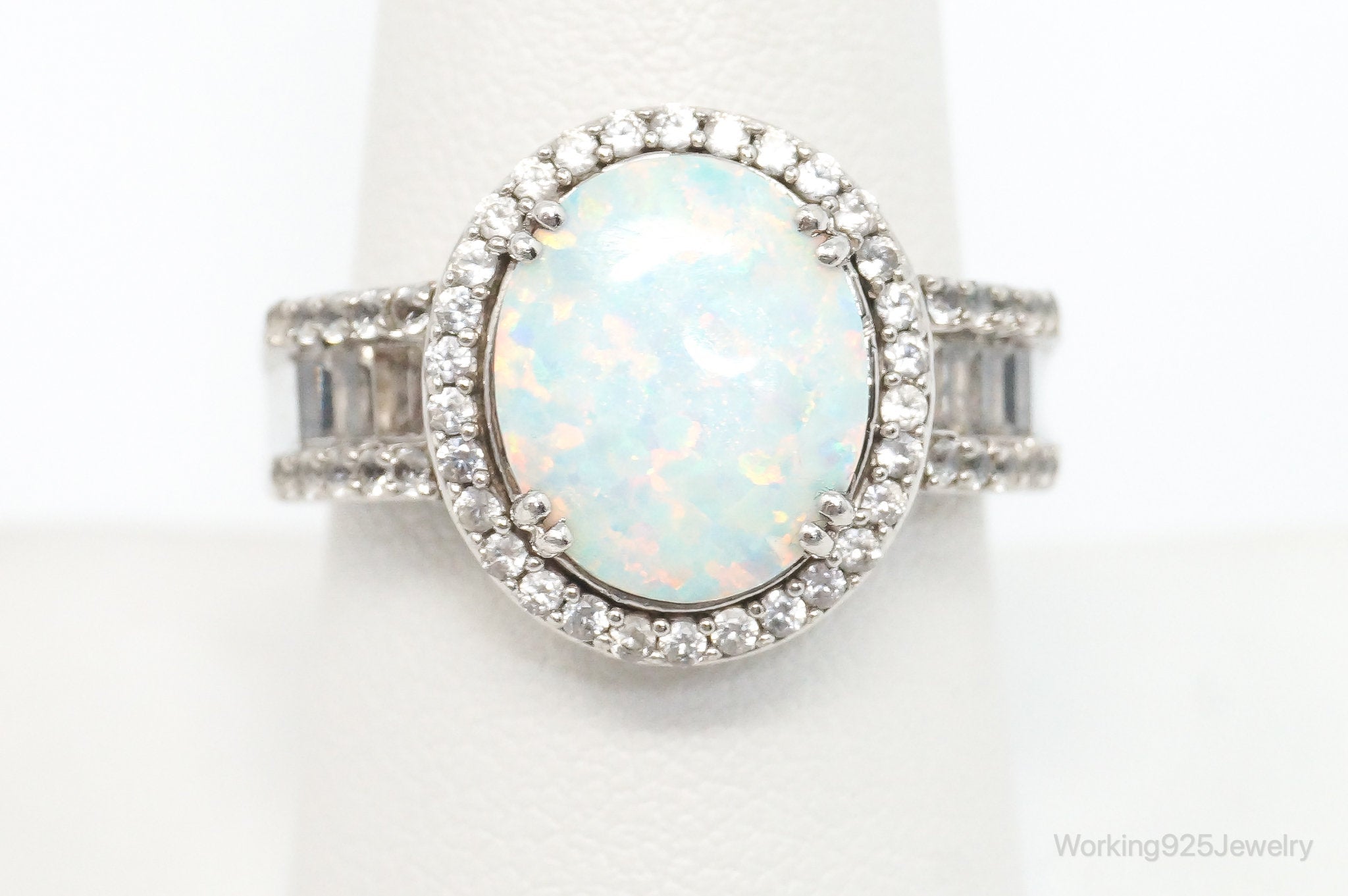 Vintage Art Deco Large Opal Cubic Zirconia Sterling Silver Ring SZ 8.75