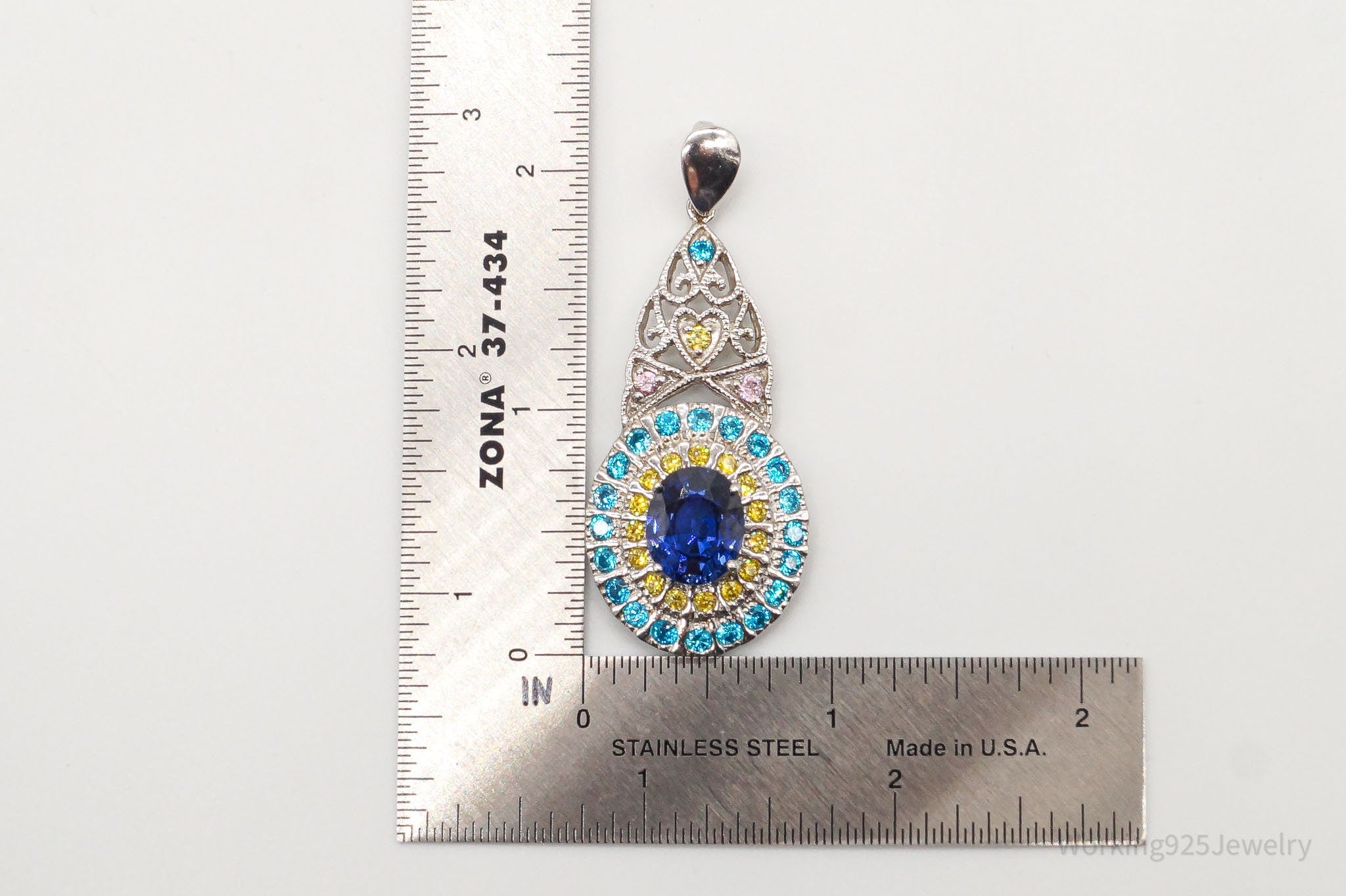 Large Lab Sapphire Multi Color CZ Rhodium Over Sterling Silver Pendant