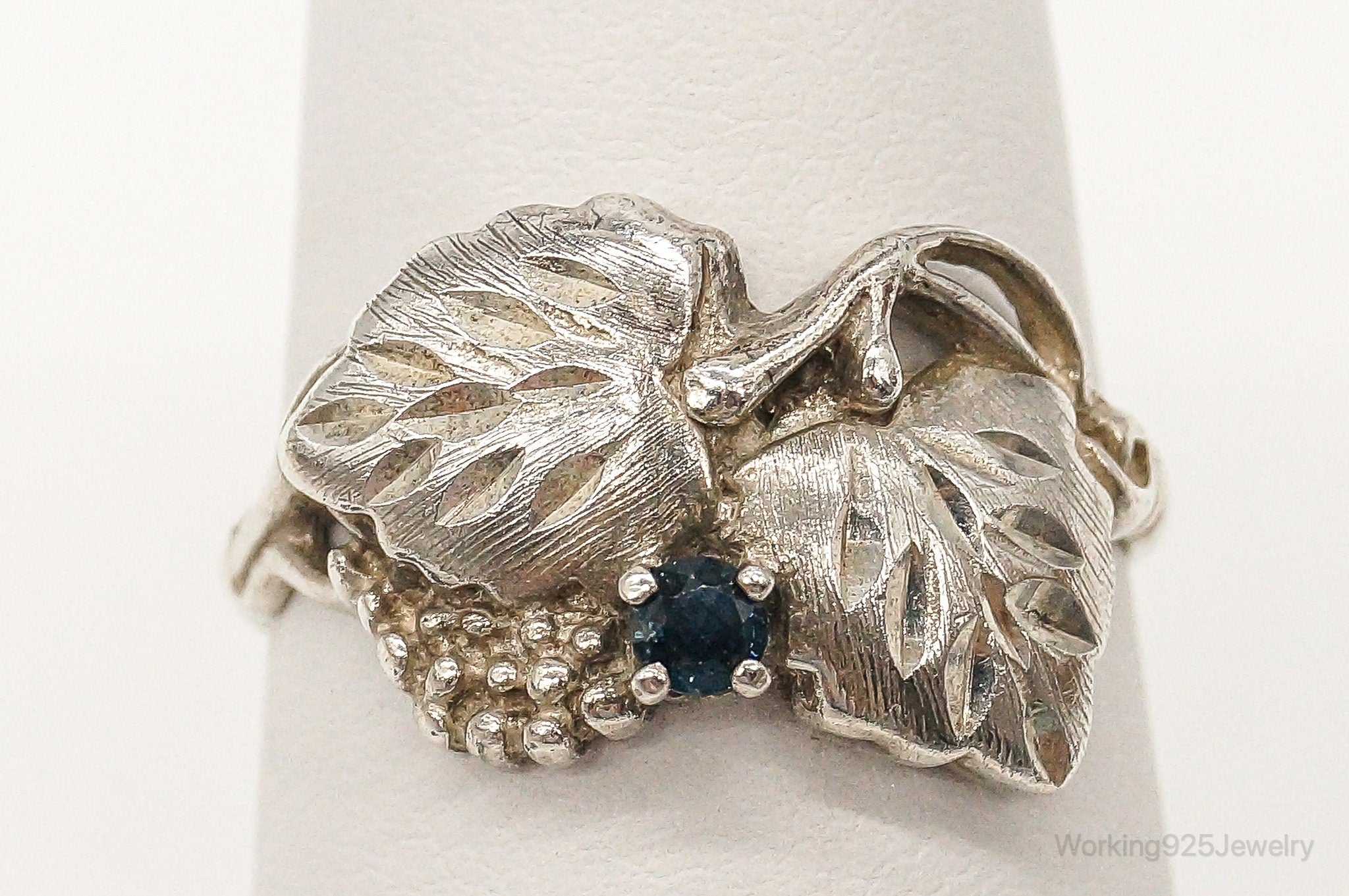 Vintage Blue Topaz Vine & Leaves Sterling Silver Ring - Size 7