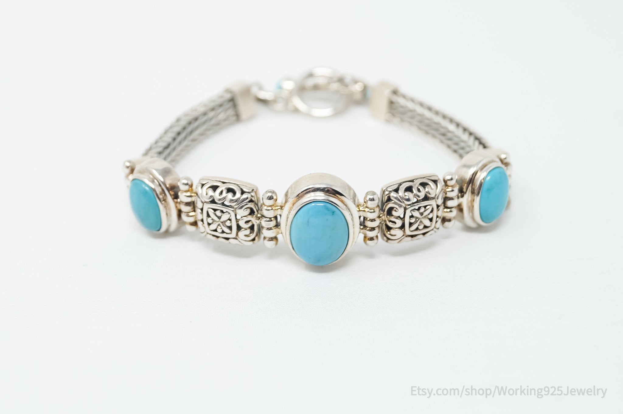 Vintage Blue Turquoise Sterling Silver Southwestern Bali Toggle Bracelet