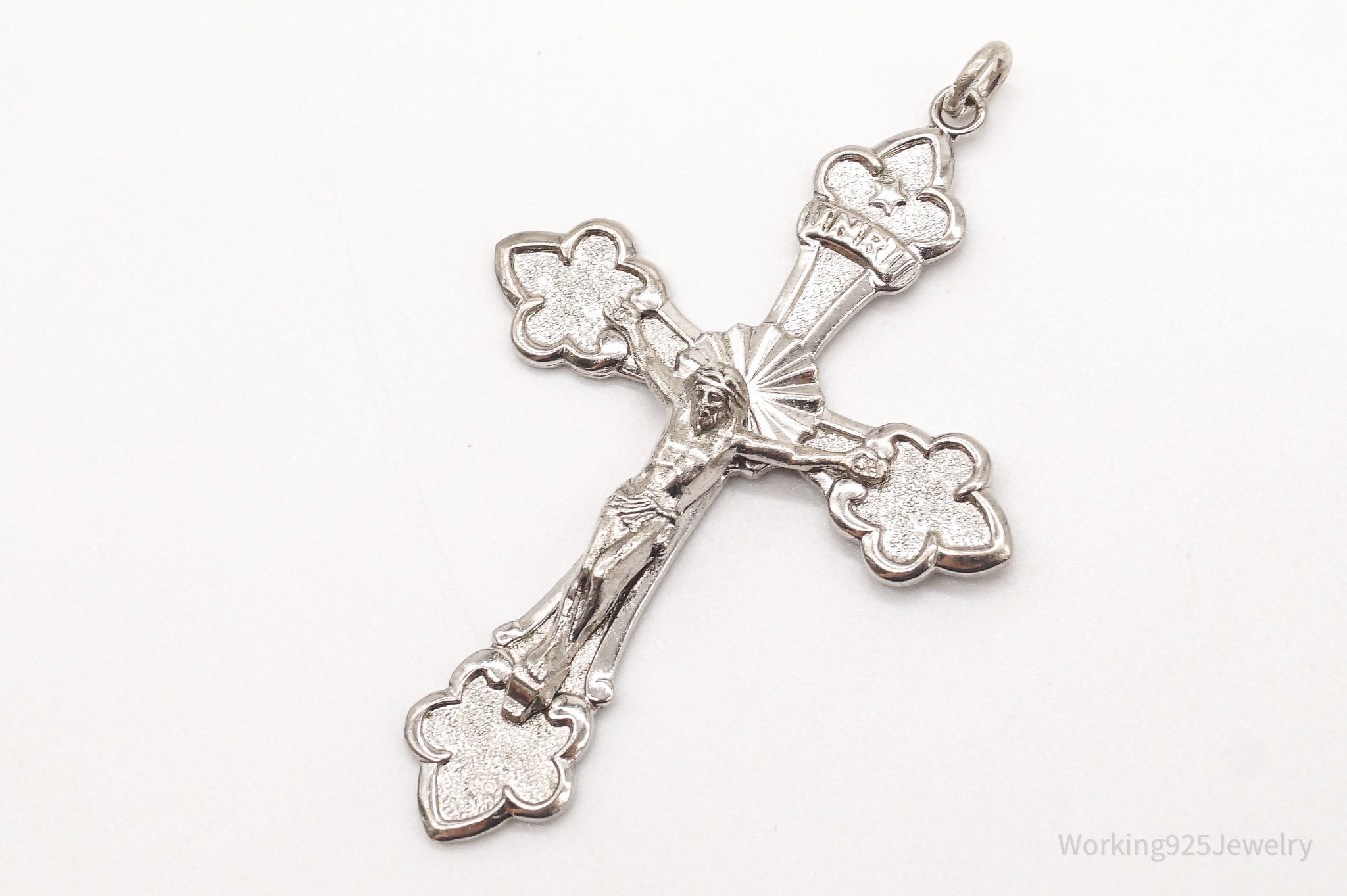 Large Antique INRI Crucifix Cross Sterling Silver Pendant