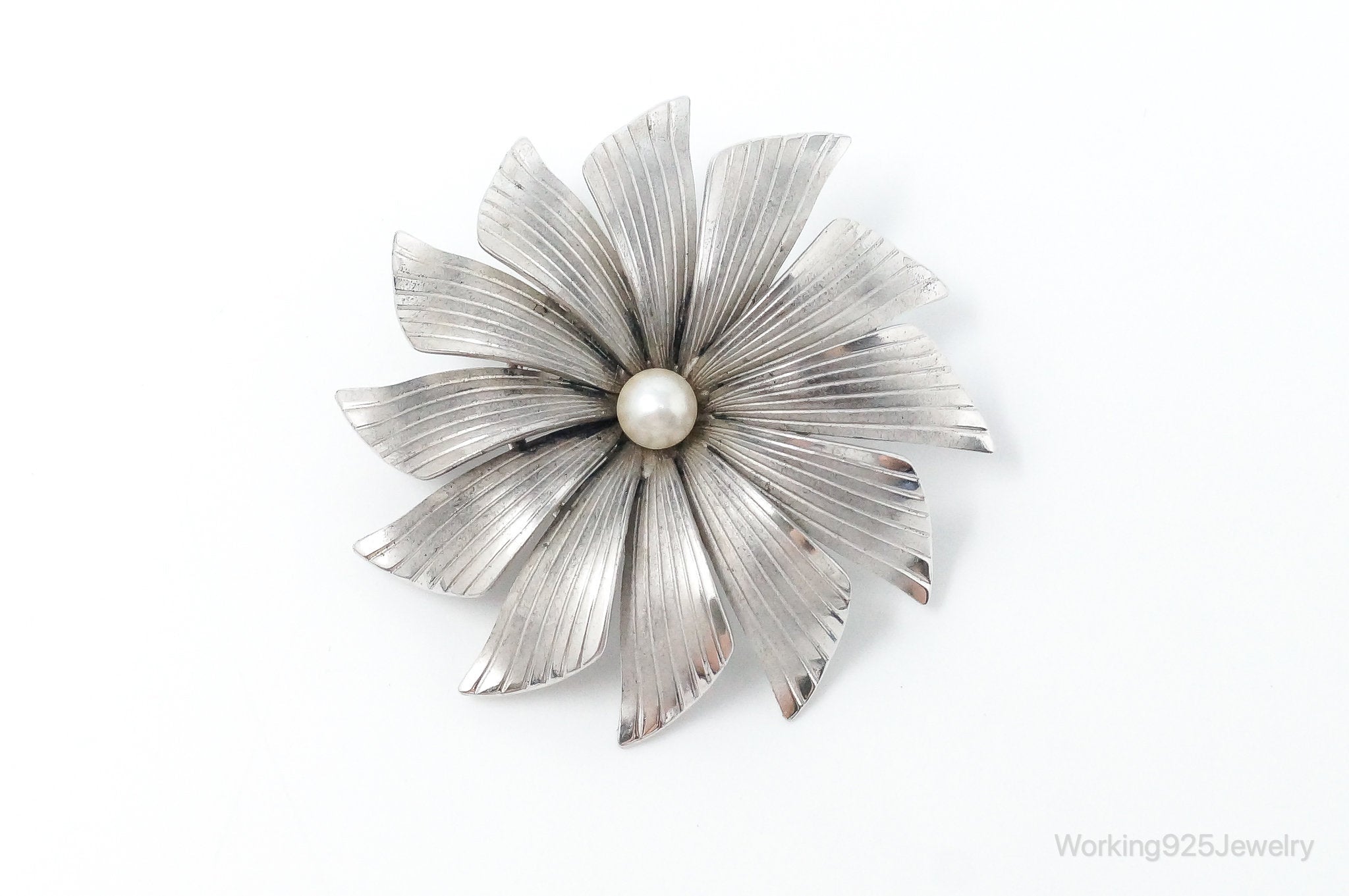 Vintage Designer Carl-Art Pearl Flower Sterling Silver Brooch Pin