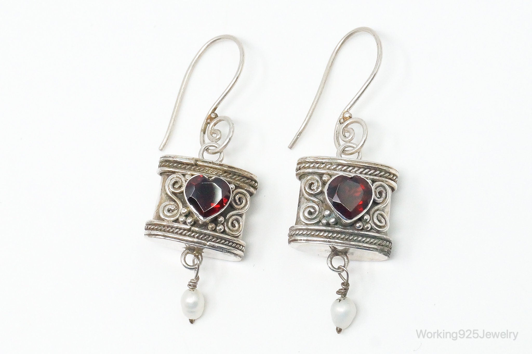 Vintage Garnet Heart Pearl Bali Inspired Sterling Silver Earrings