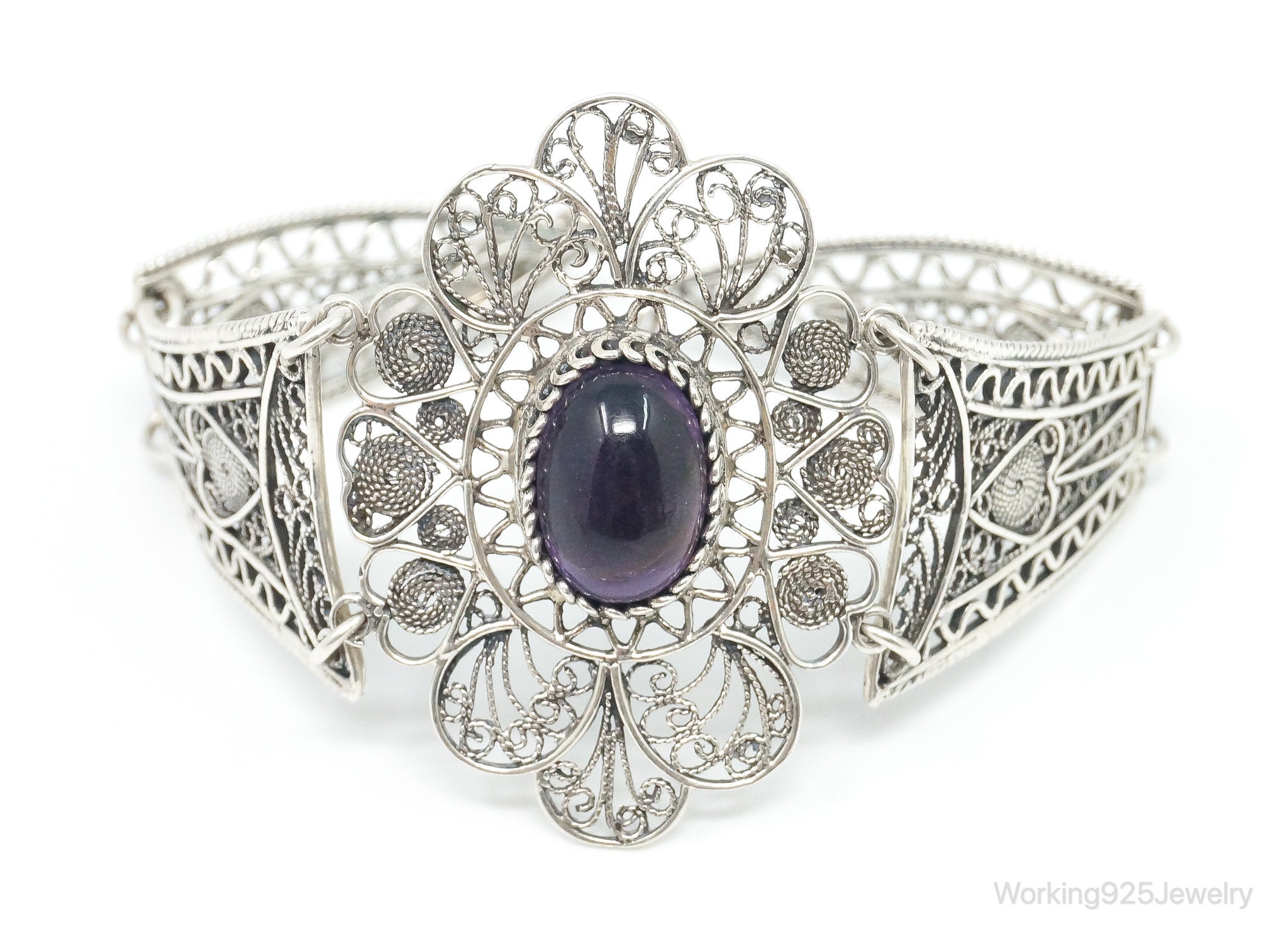 Vintage Amethyst Sterling Silver Intricate Filigree Bracelet