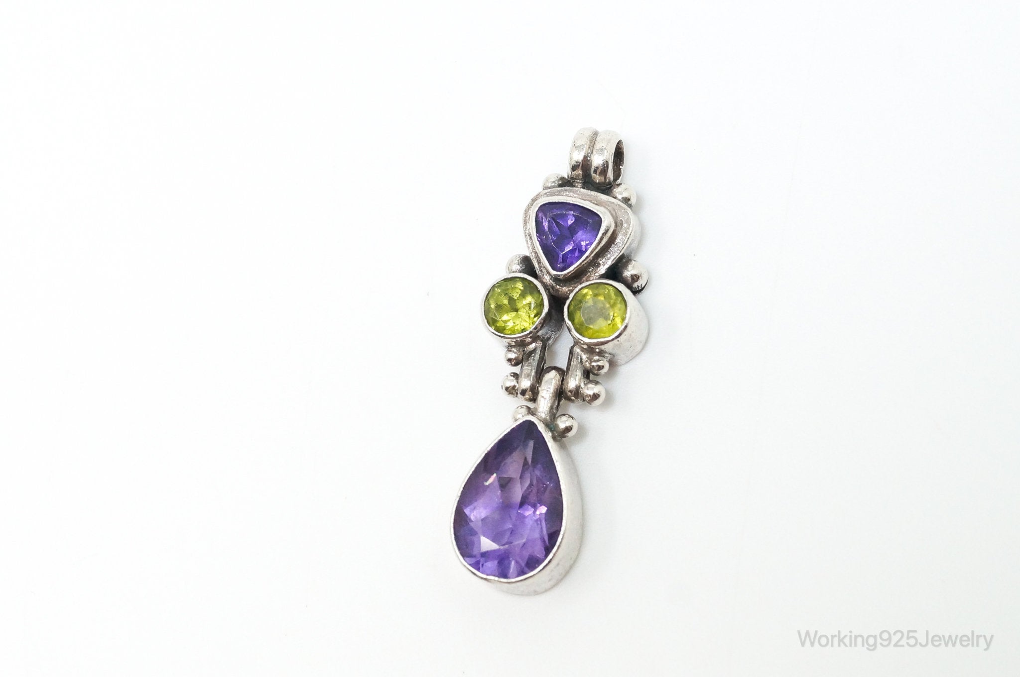 Vintage Amethyst Peridot Sterling Silver Bali Style Necklace Pendant