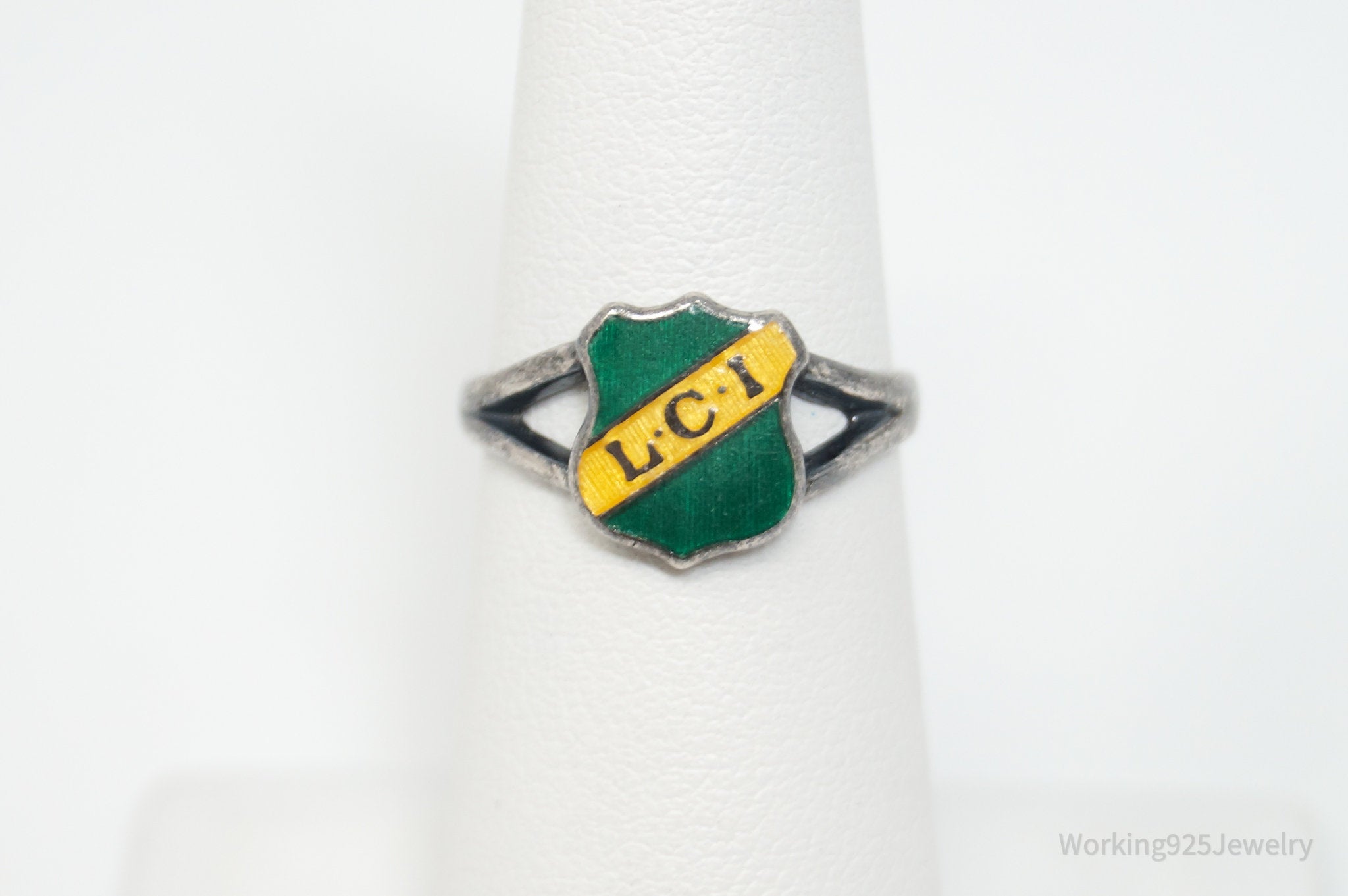 Antique Enamel LCI Shield Sterling Silver Ring - Sz 5.5