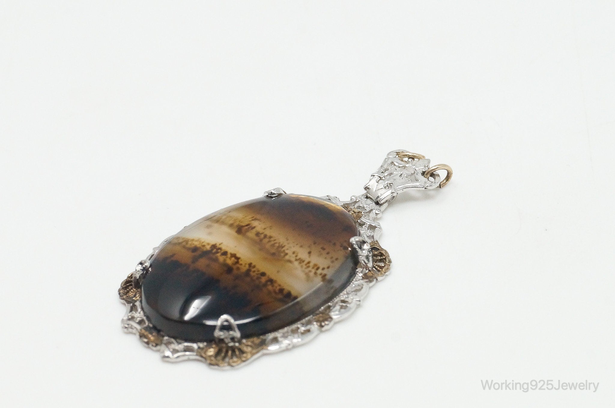 Antique Large Montana Agate Sterling Silver Necklace Pendant