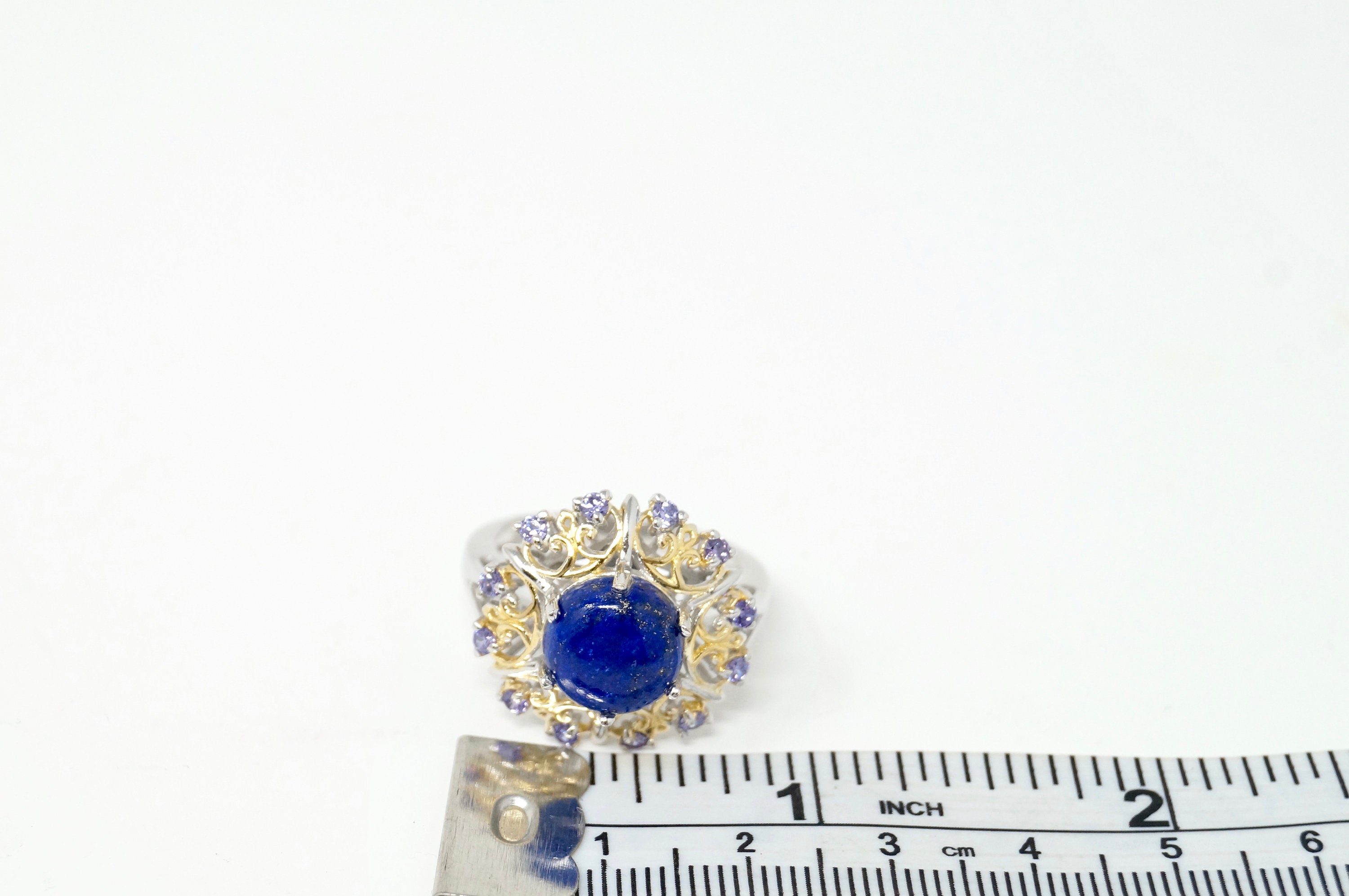 Vintage Karis Blue Lapis Lazuli Amethyst Gold Wash Deco Sterling Silver Ring Sz8