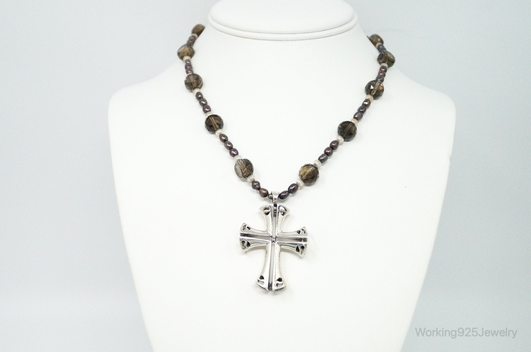 Designer Large Cross Smoky Topaz Pearl Sterling Silver Necklace