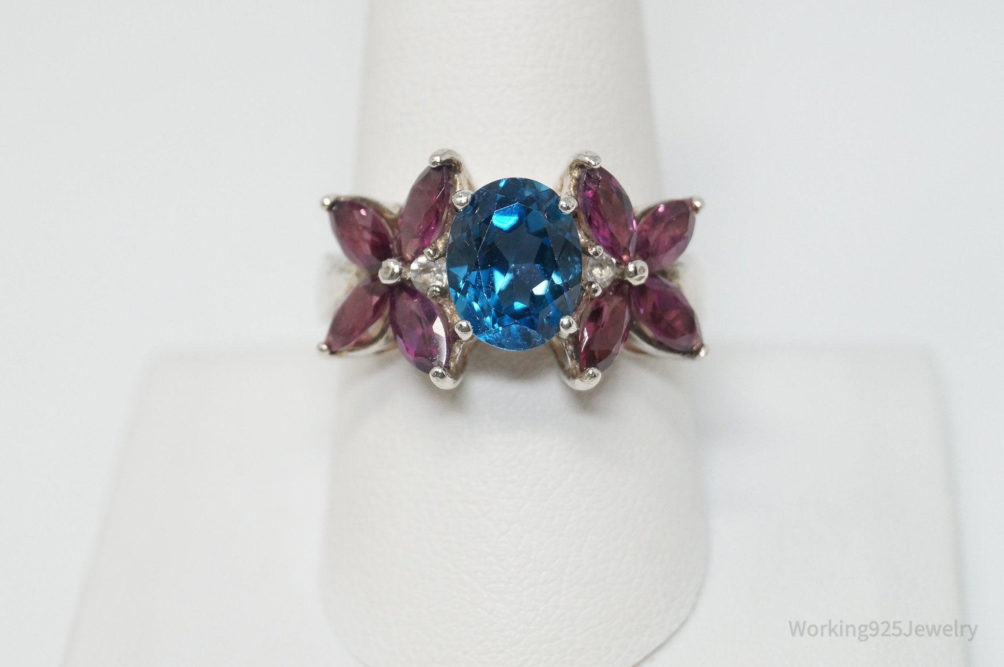 Vintage Blue Topaz Amethyst CZ Floral Sterling Silver Ring - Sz 9.5