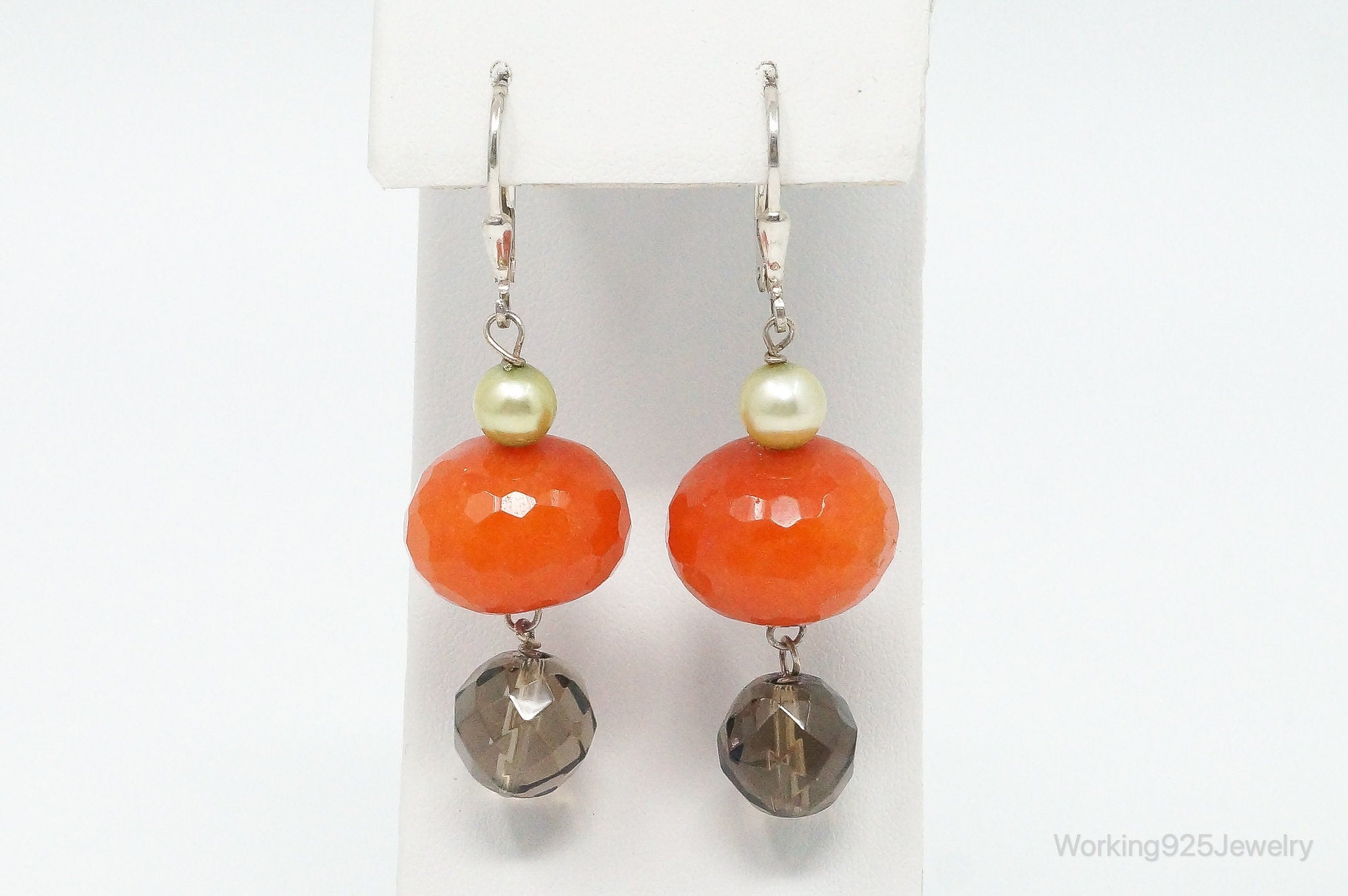 Vintage Carnelian Smoky Topaz Pearl Beads Sterling Silver Earrings