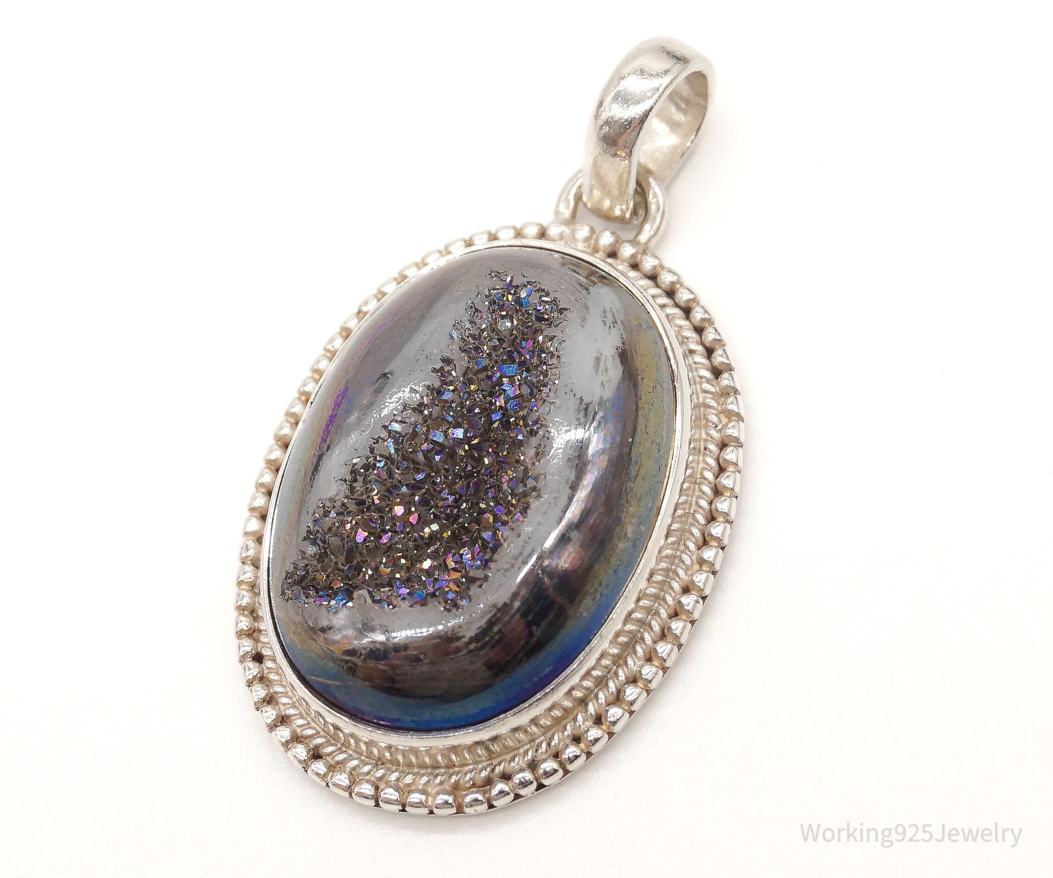 Vintage Large Druzy Quartz Sterling Silver Necklace Pendant