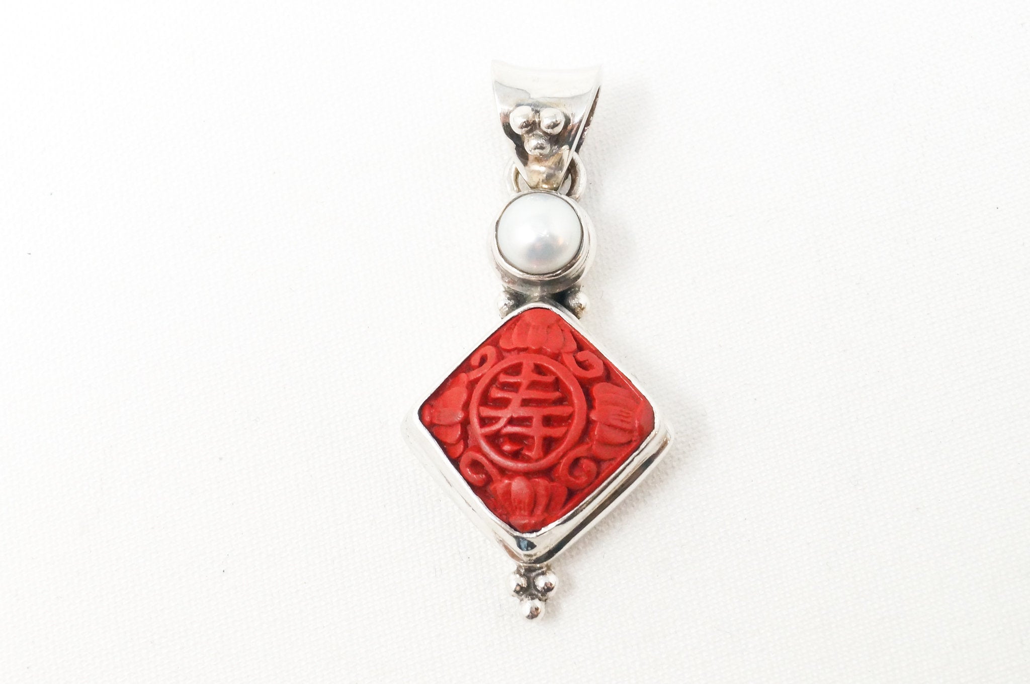 Vintage Chinese Carved Synthetic Coral Pearl Sterling Silver Necklace Pendant