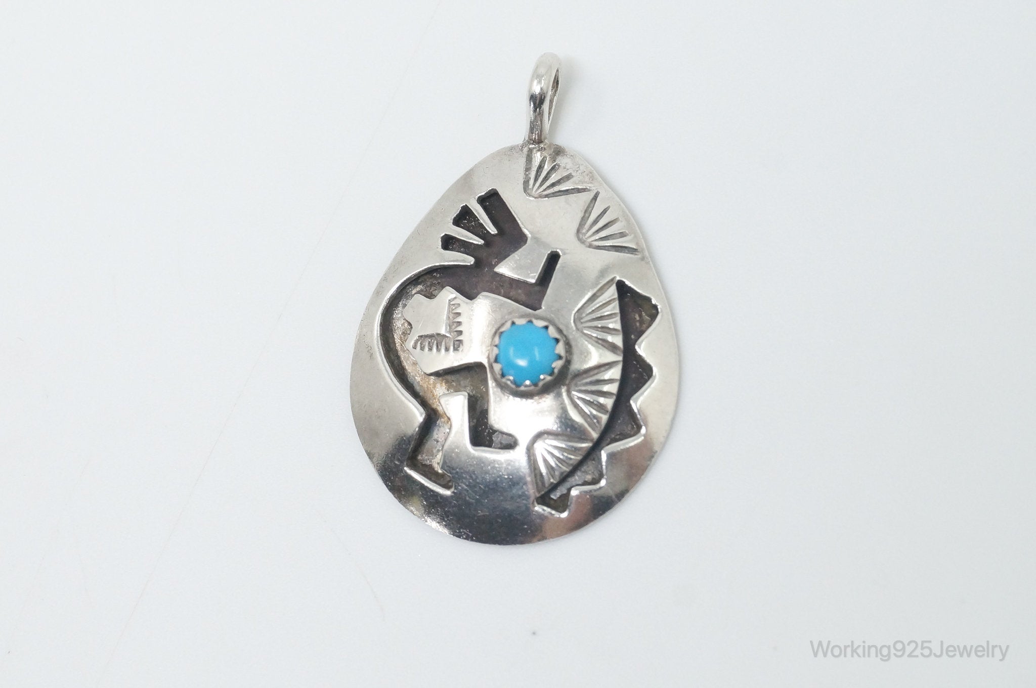 Vintage Handmade Native American Kokopelli Turquoise Sterling Silver Pendant