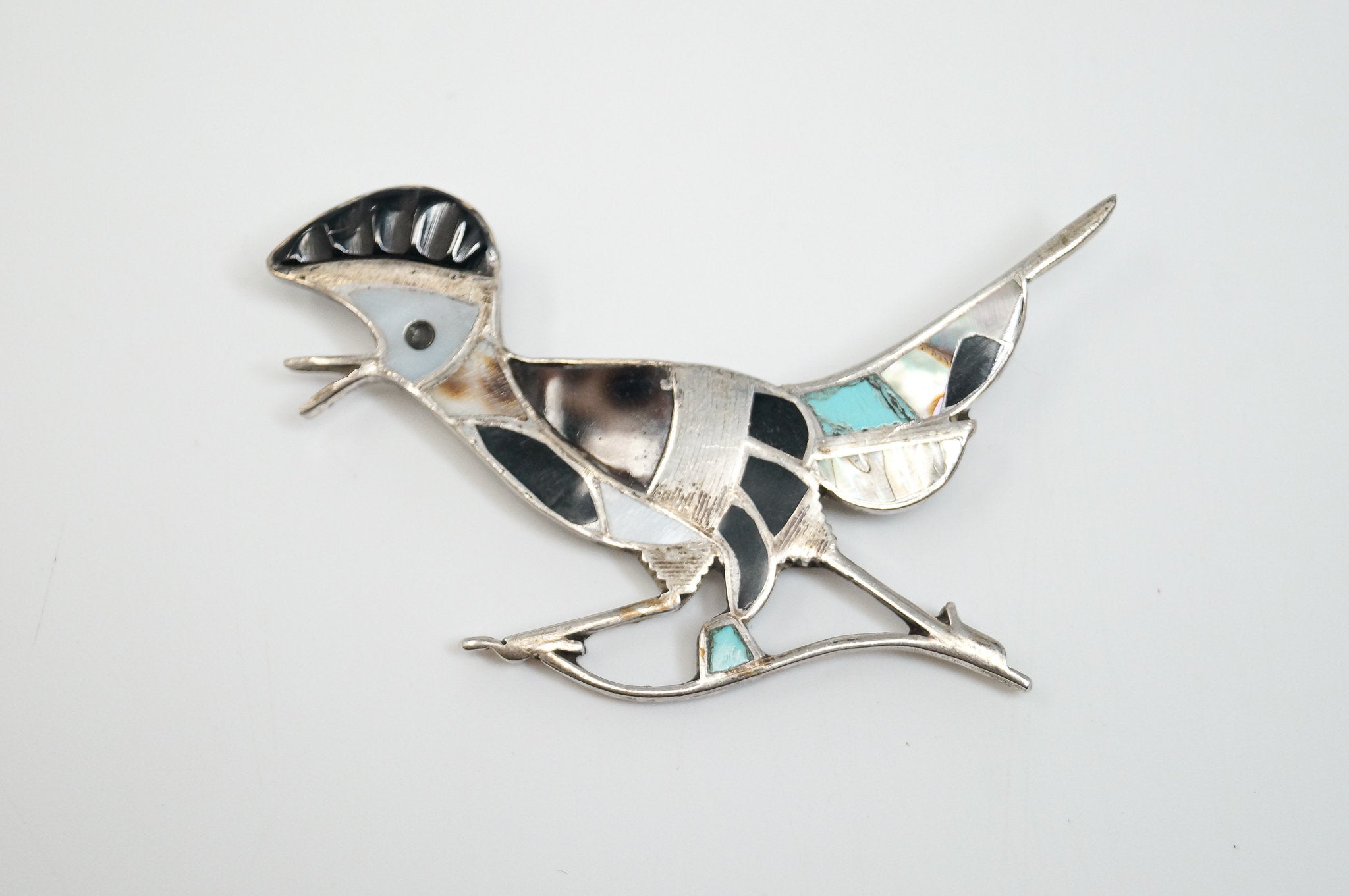 Vintage Handmade Native American Unsigned Roadrunner Sterling Silver Brooch Pin