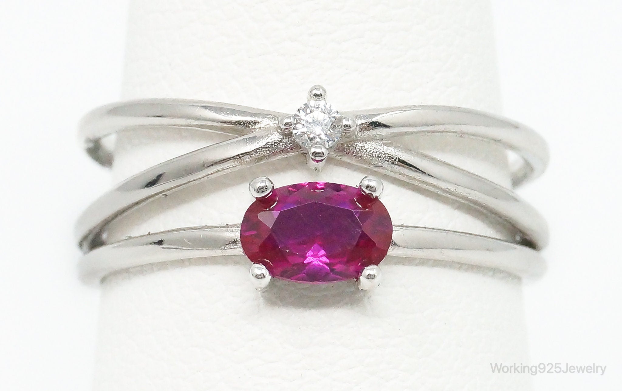 Pink Topaz & Cubic Zirconia Sterling Silver Ring - Size 7.25 Adjustable