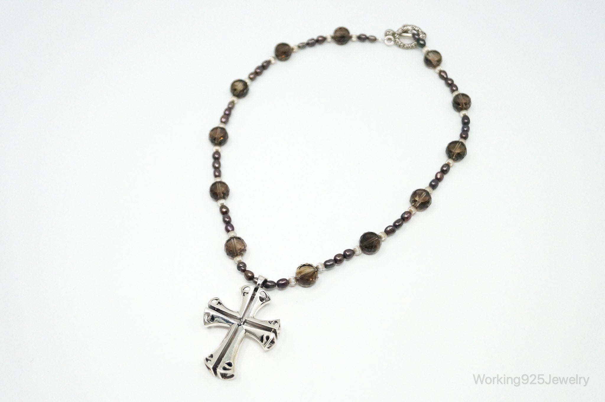 Designer Large Cross Smoky Topaz Pearl Sterling Silver Necklace