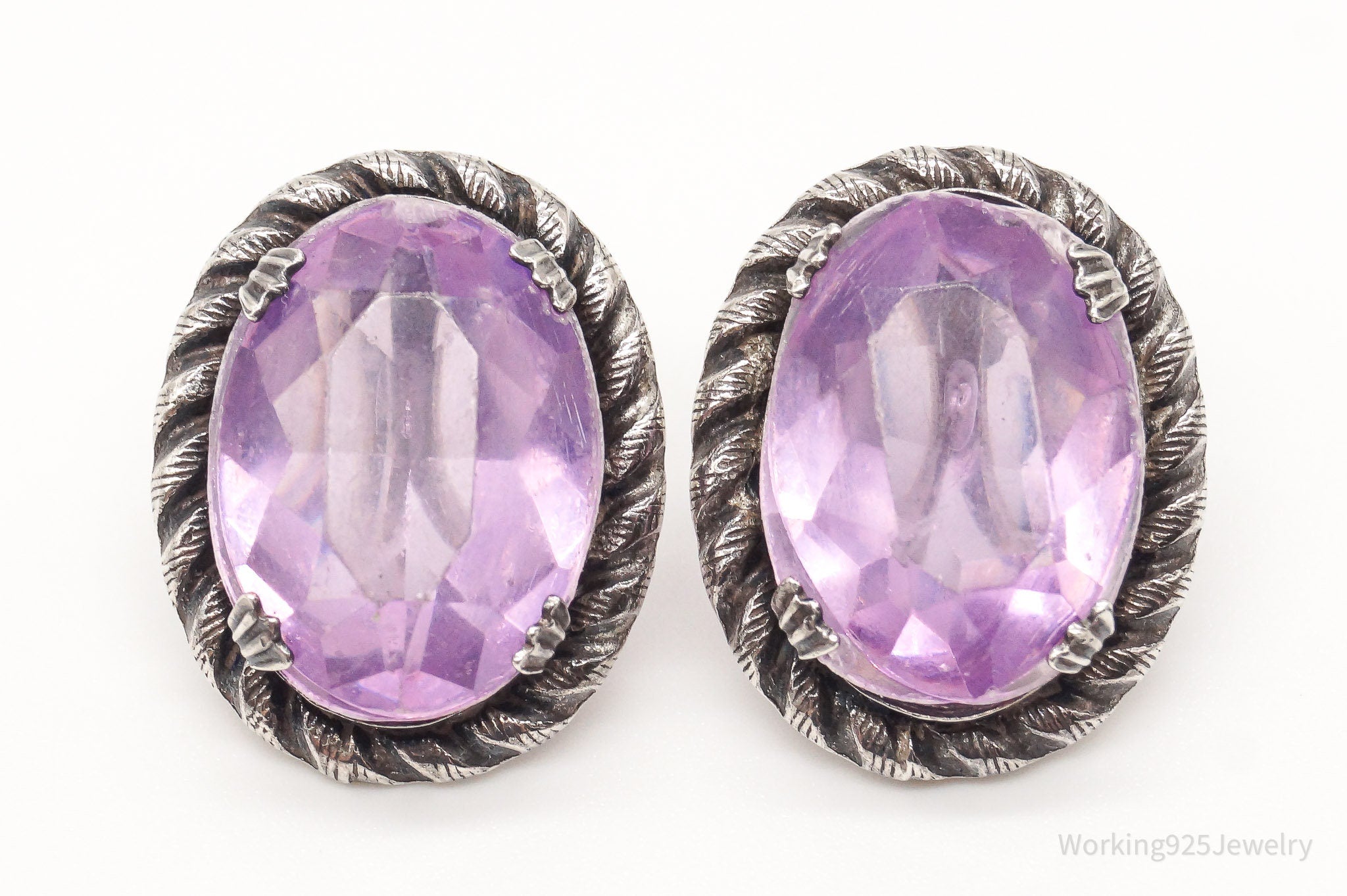 Antique Purple Faux Stone Sterling Silver Screw Back Earrings