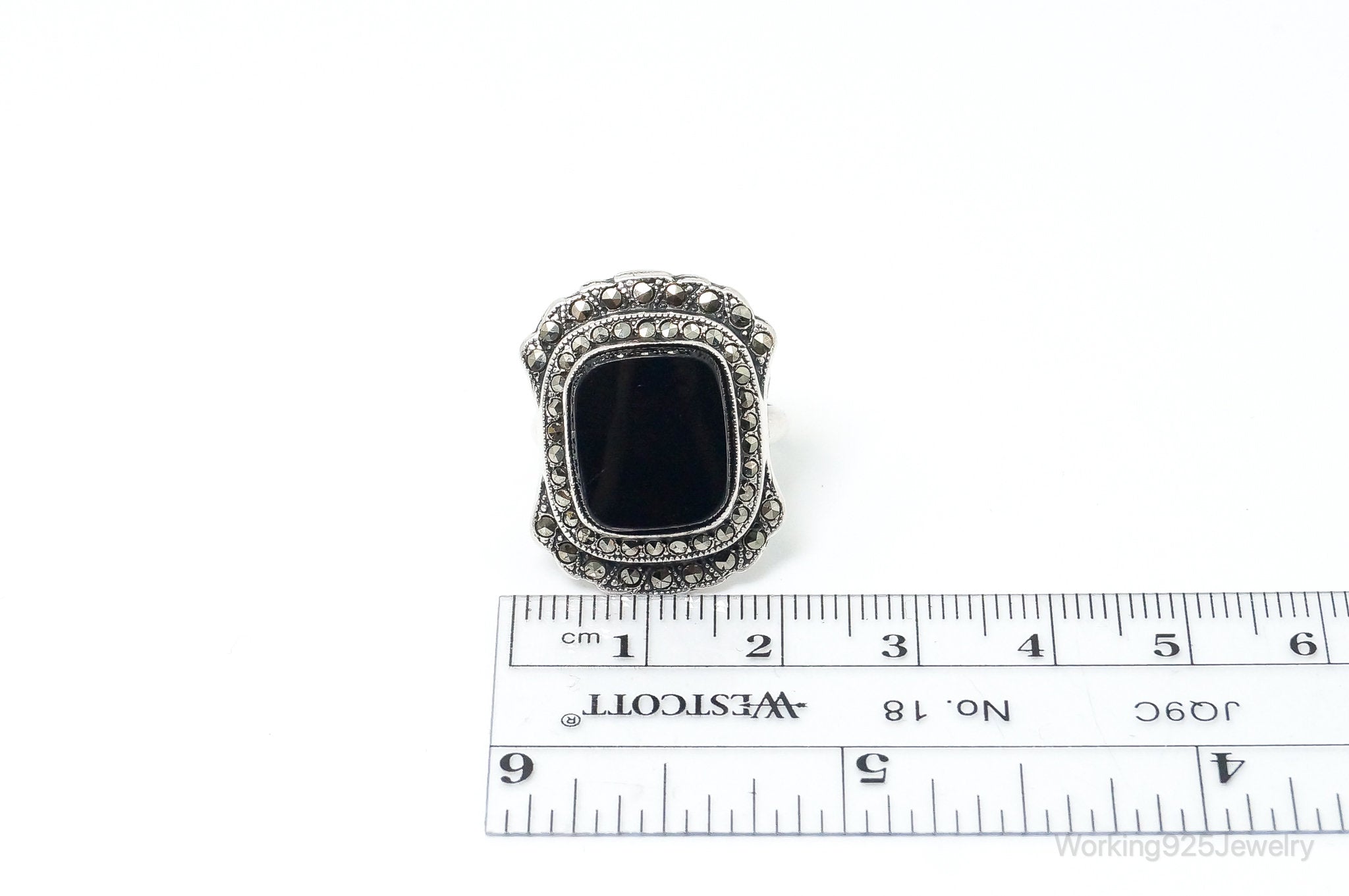 Antique Designer Uncas MFG CO Black Onyx Marcasite Sterling Silver Ring SZ 6.5