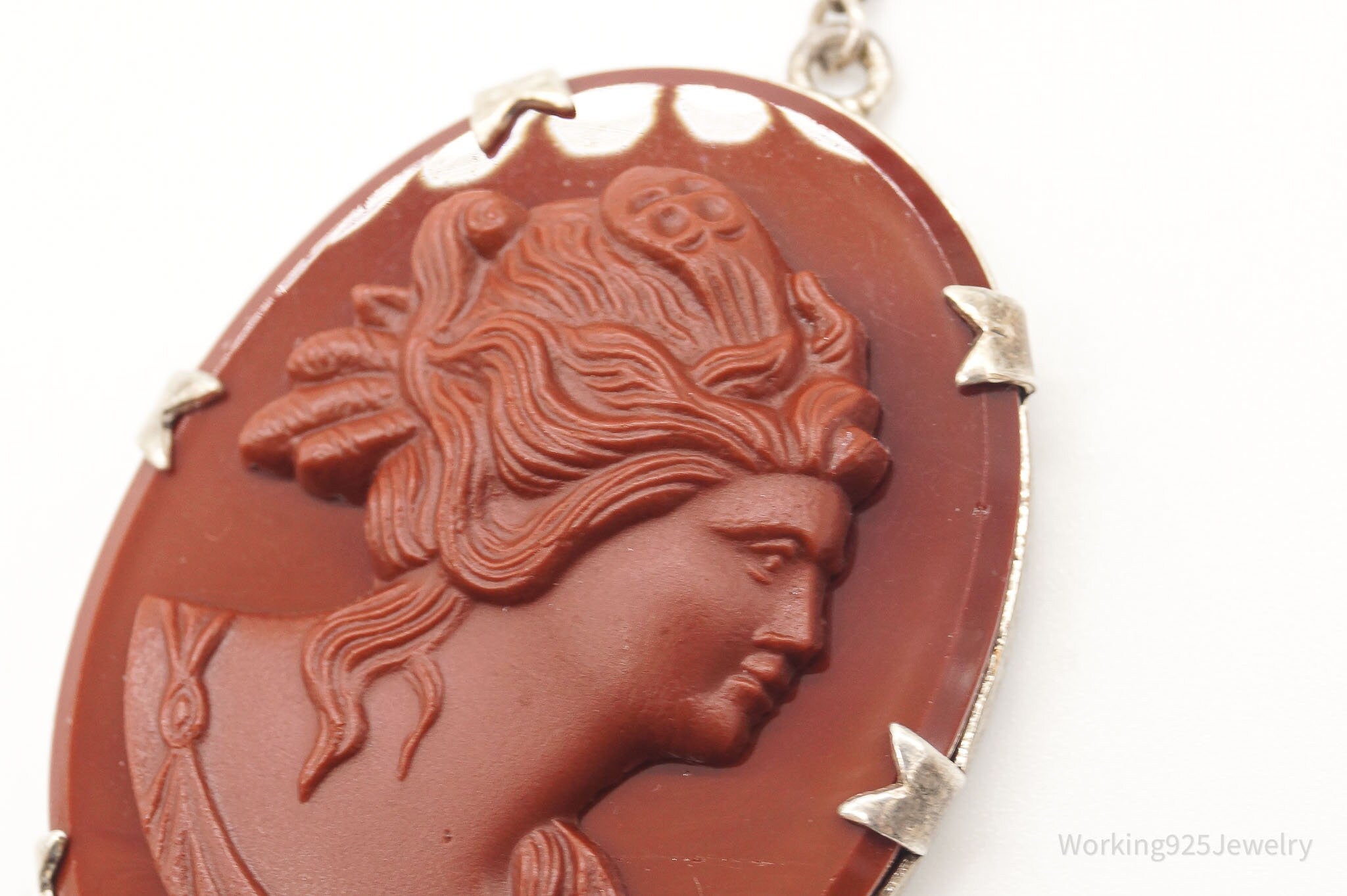 Antique Large Carved Stone Lady Cameo Sterling Silver Necklace