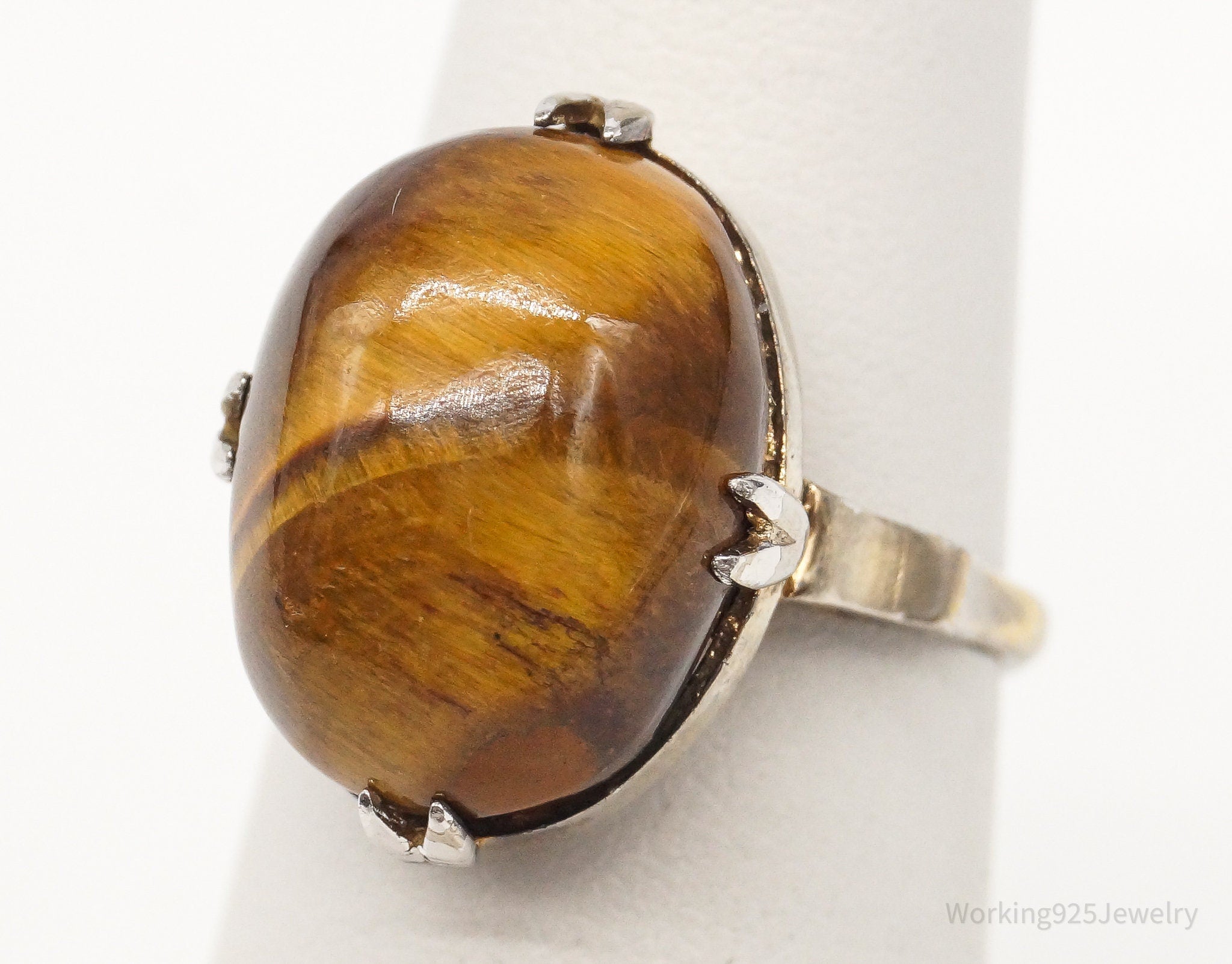 Antique Tigers Eye Gold Wash Silver Ring - Size 5.5