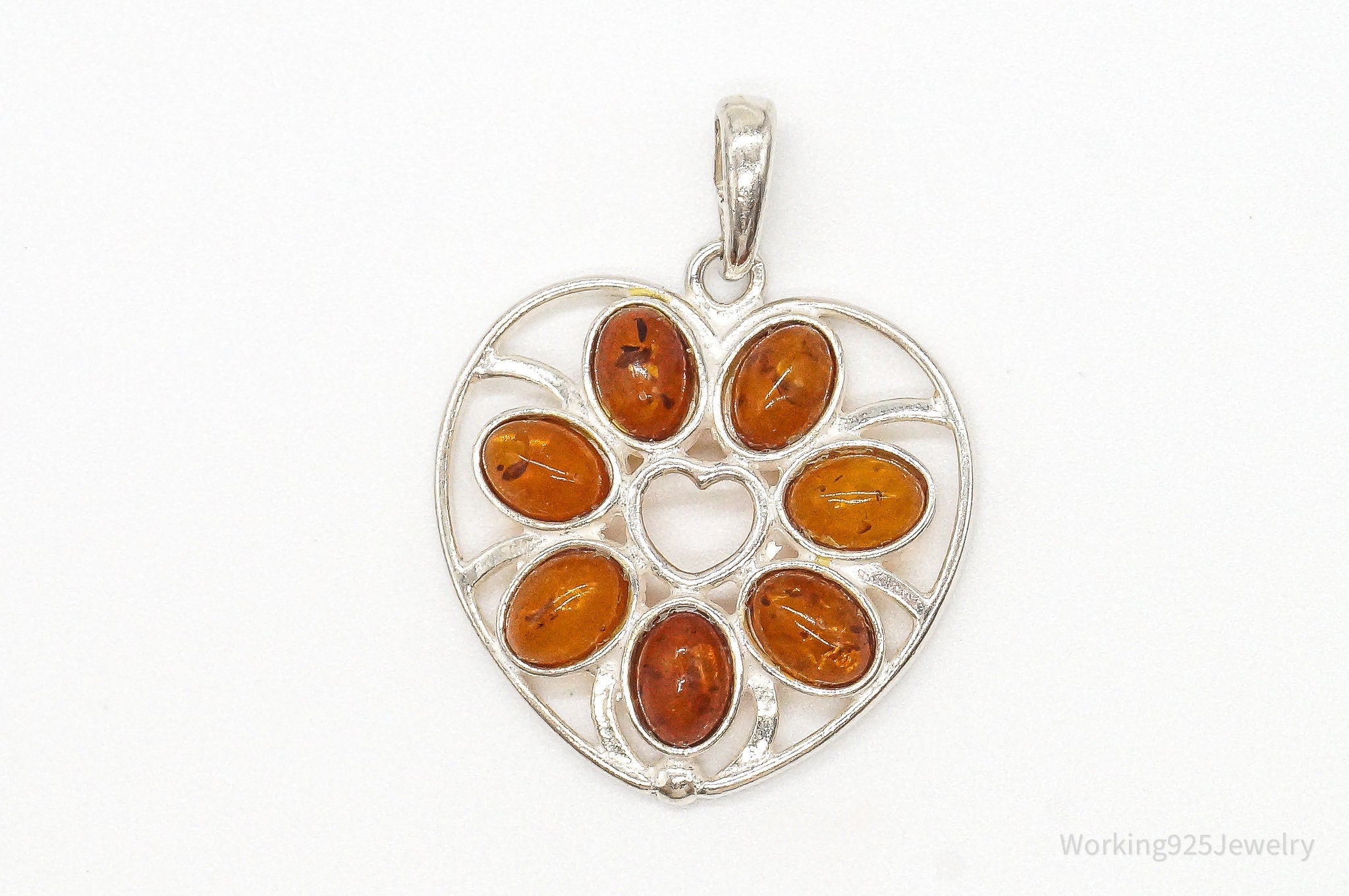 Vintage Amber Heart Modernist Sterling Silver Pendant