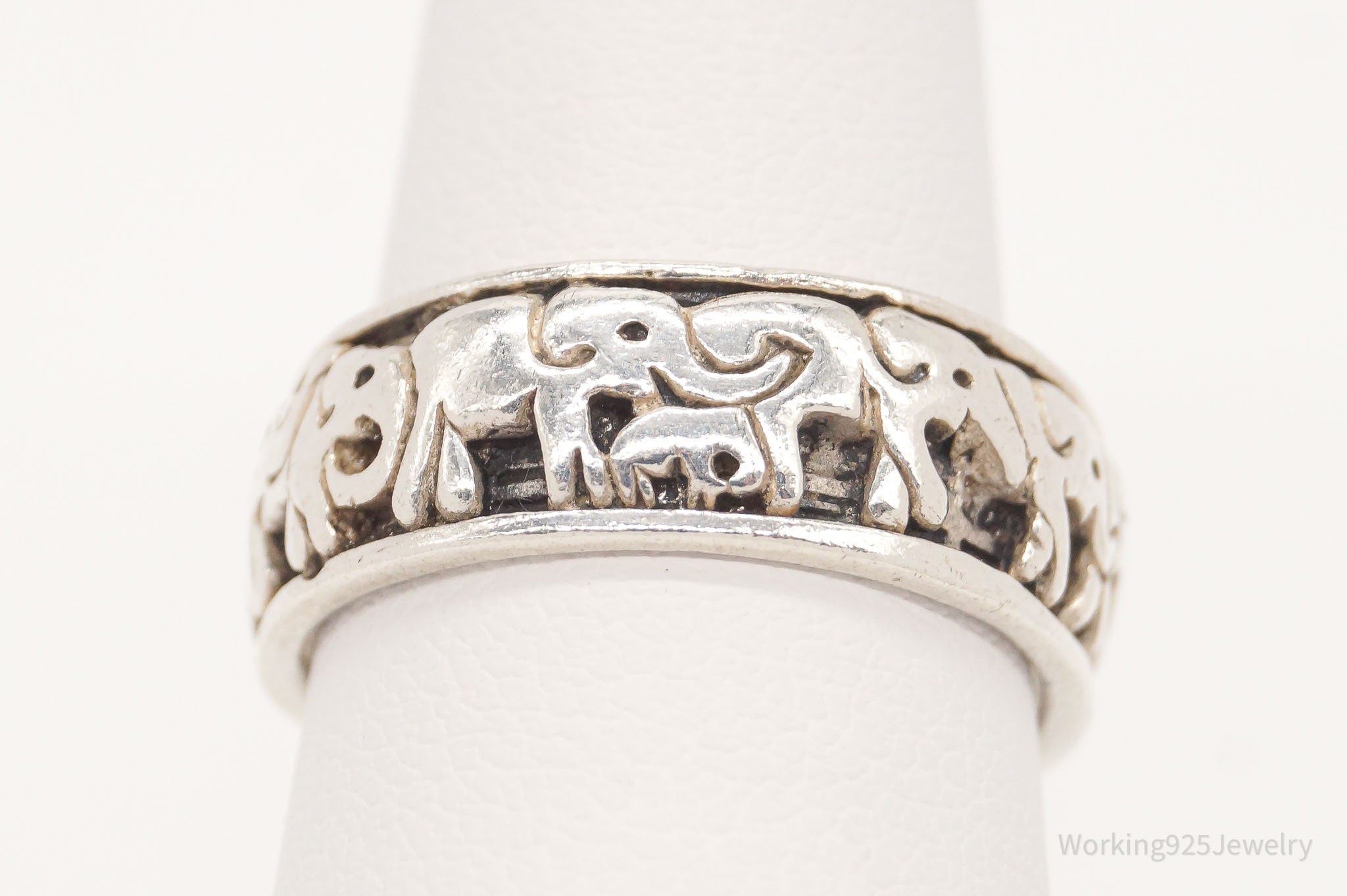 Vintage Elephant Family Good Fortune Sterling Silver Band Ring - Size 6.75