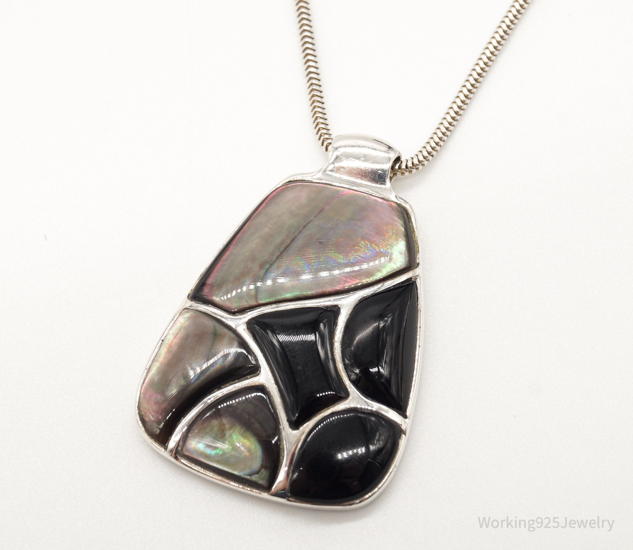 Vintage Black Onyx Paua Abalone Shell Sterling Silver Necklace