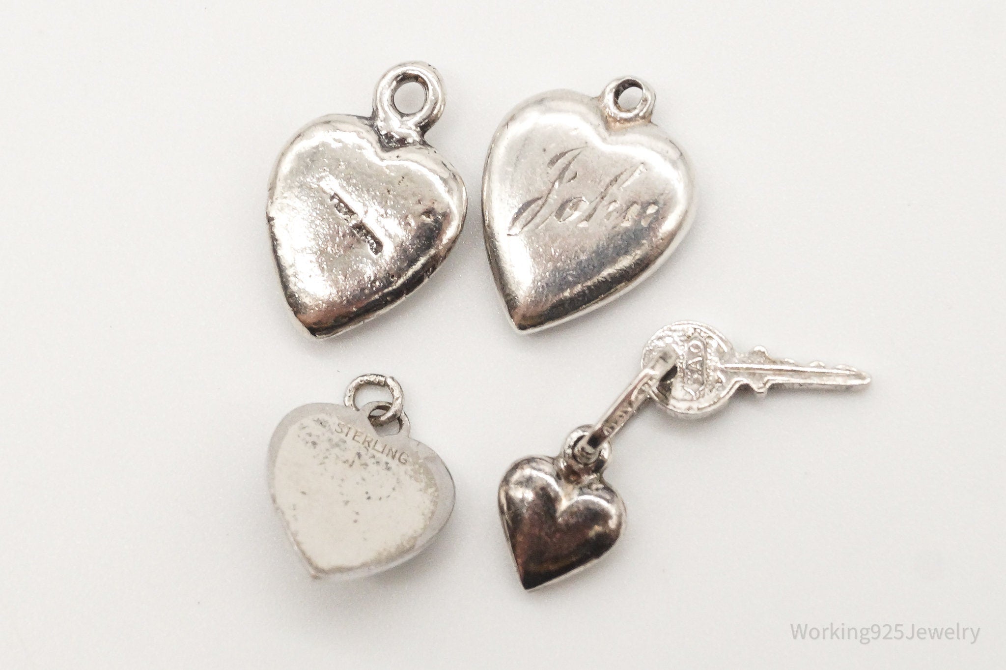 Antique Puffy Hearts Sterling Silver Bracelet Charms Set Lot