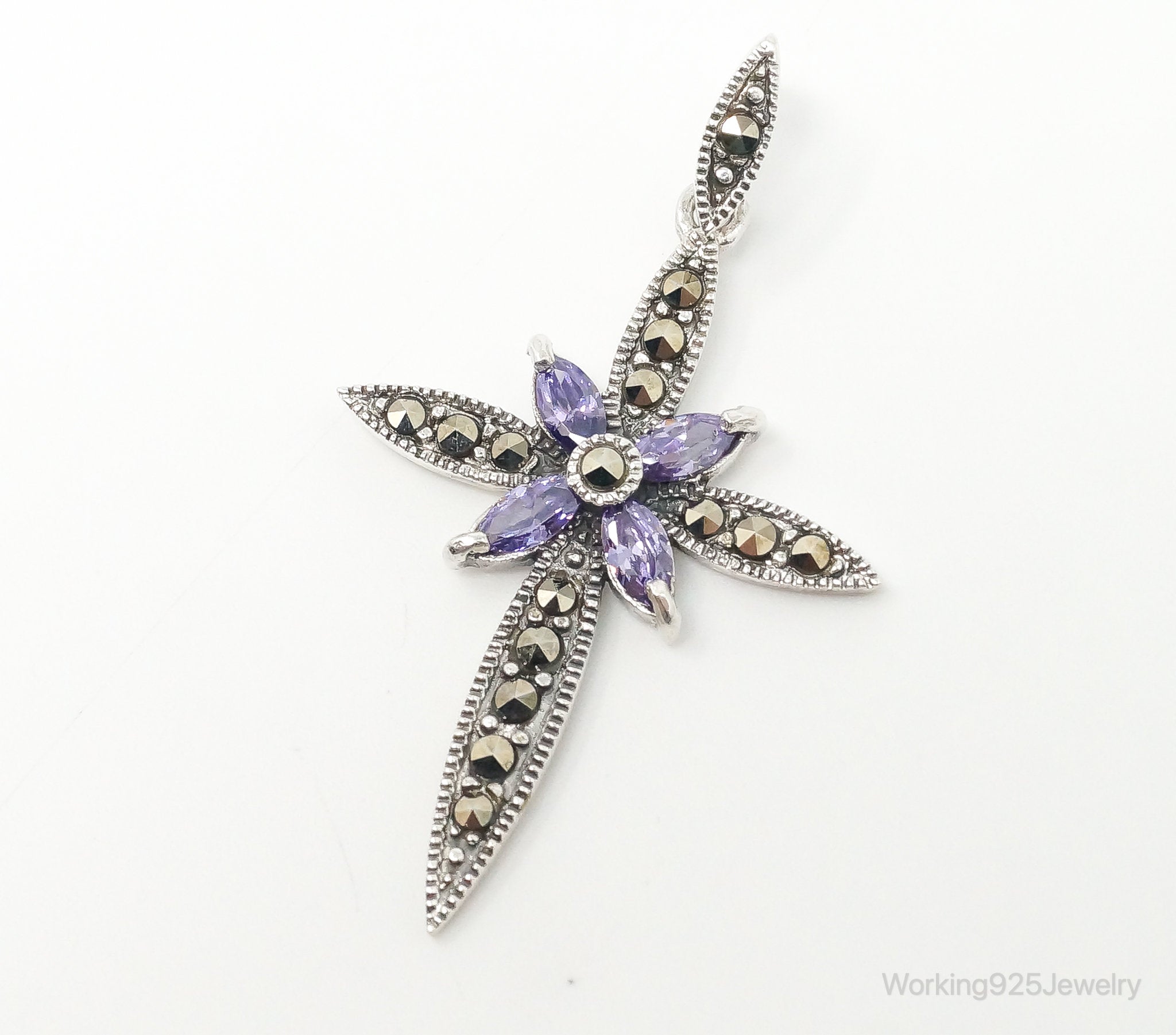 Large Vintage Amethyst Marcasite Cross Sterling Silver Pendant