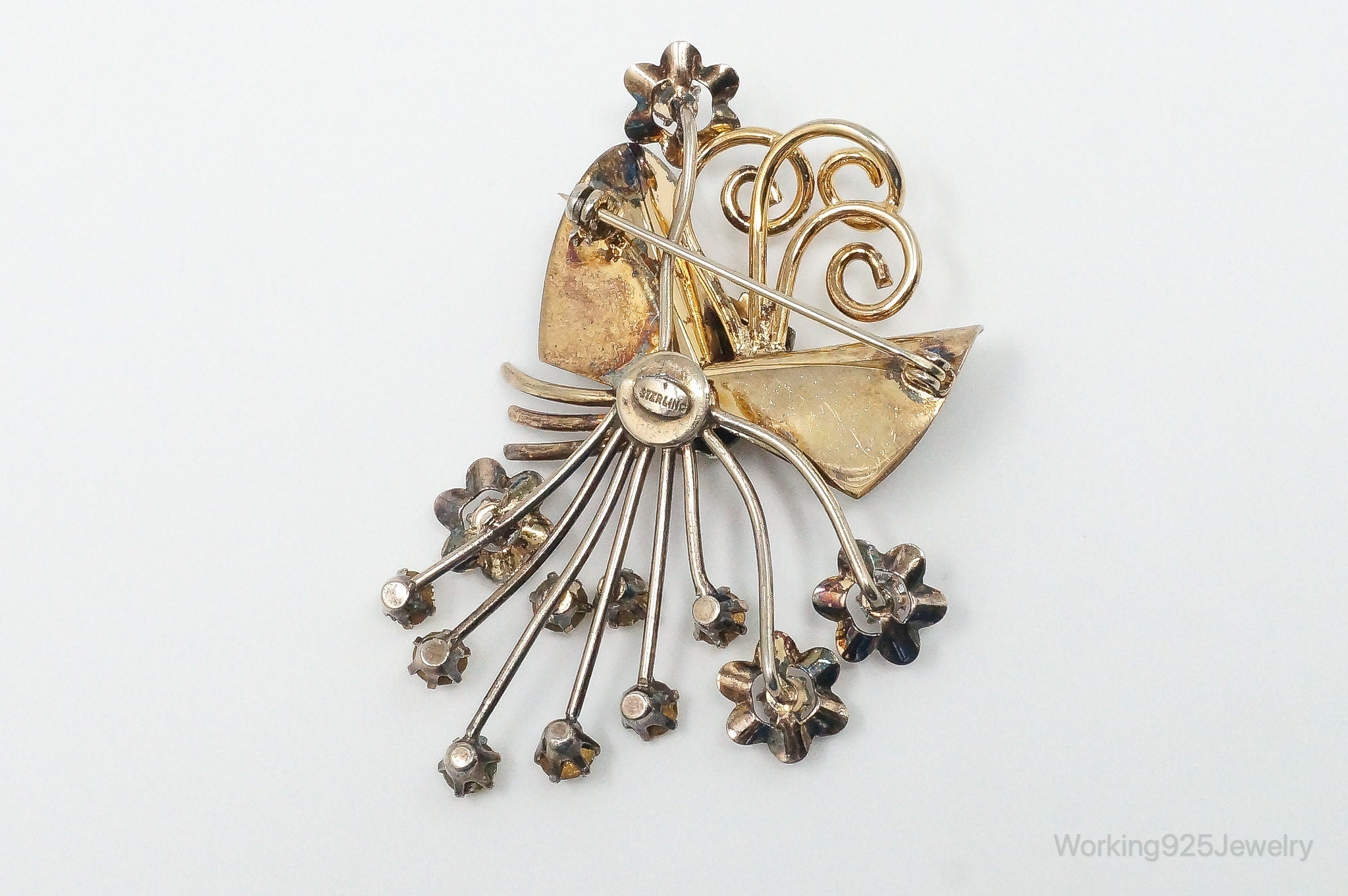 Large Antique Rhinestone Gold Tone Sterling Silver Brooch Pin