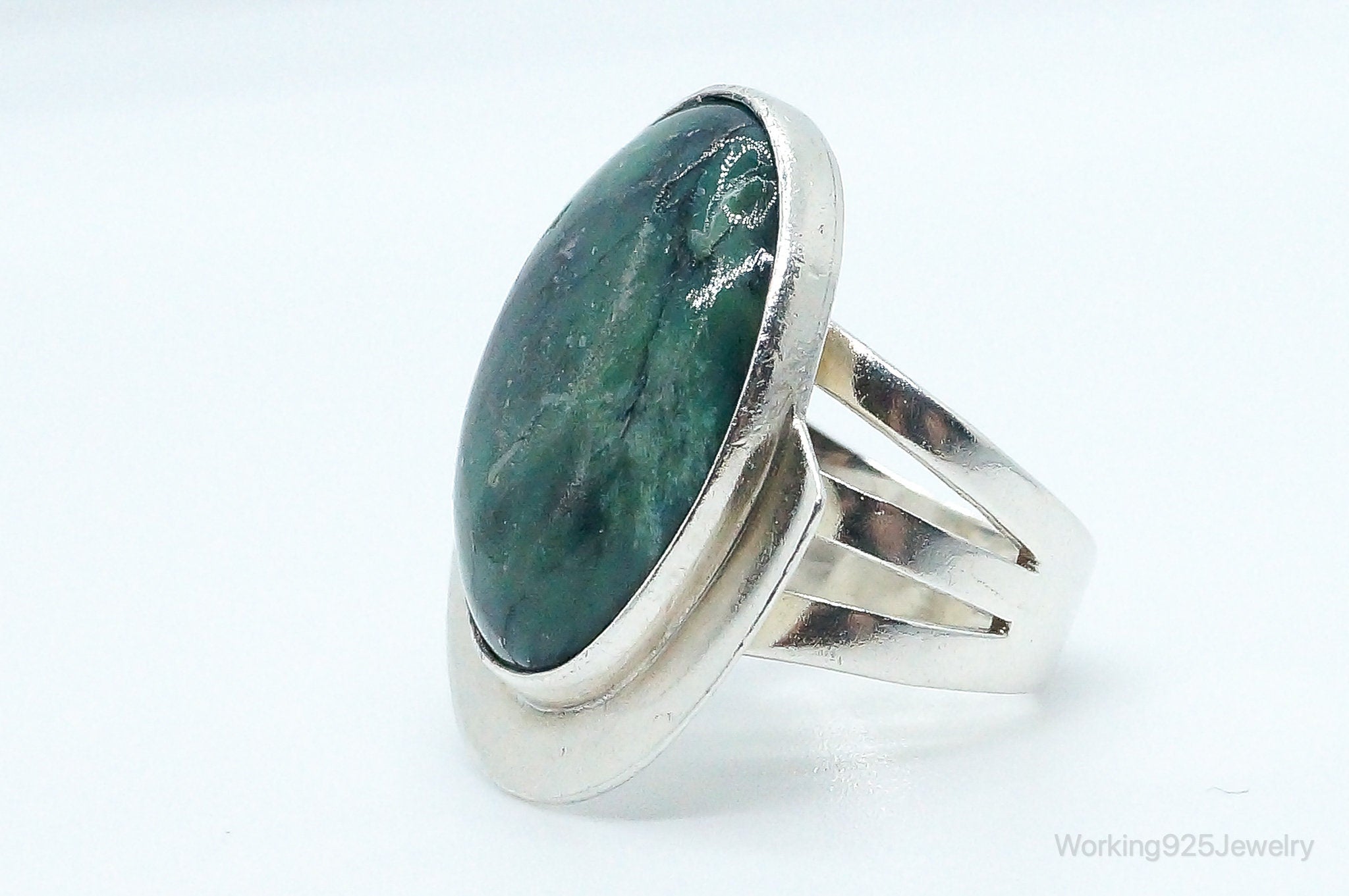 Vintage Green Agate Sterling Silver Ring - Size 8.25