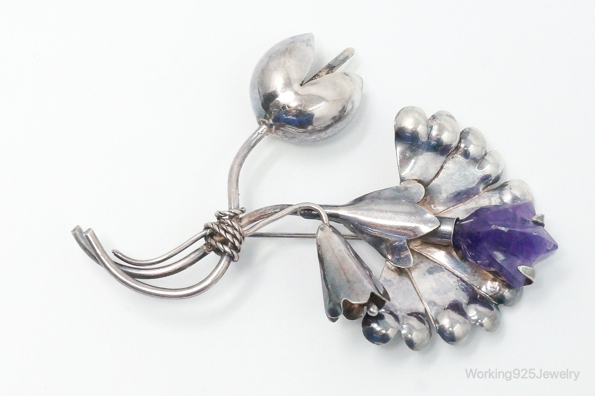 Large Vintage Mexico Modernist Amethyst Flower Sterling Silver Brooch Pin