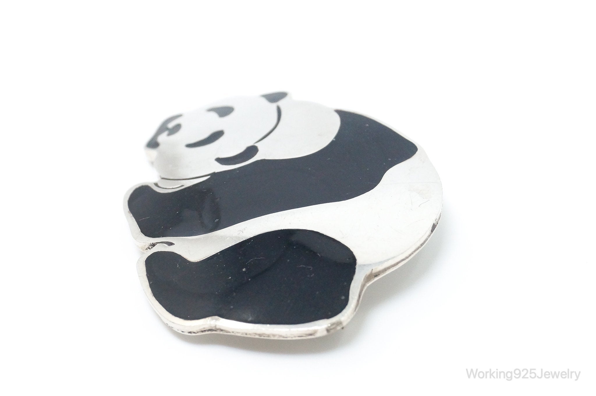 Large Vintage Mexico Enamel Panda Sterling Silver Brooch Pendant