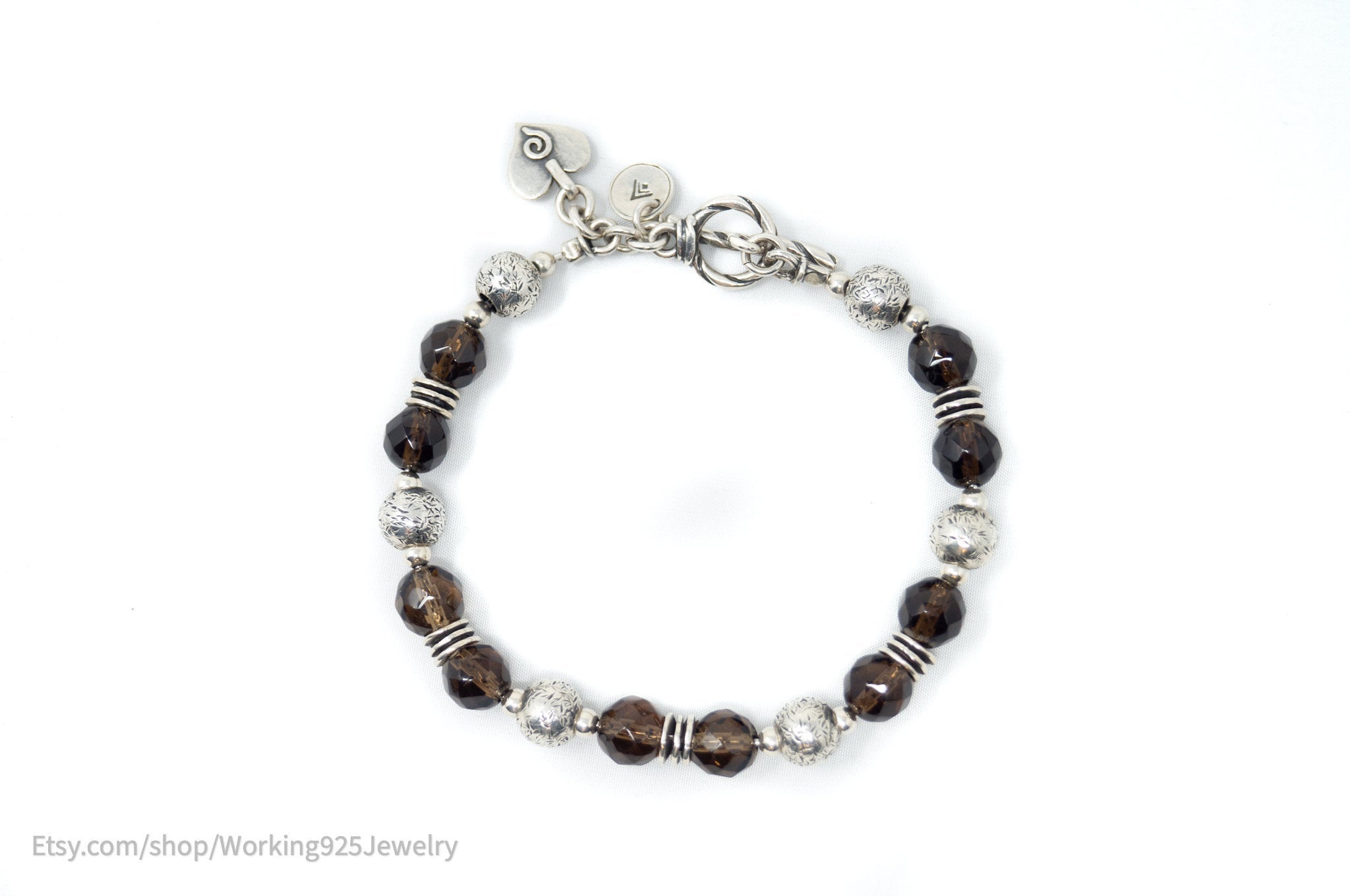 Vintage Designer Silpada Smoky Topaz Sterling Silver Bead Toggle Bracelet