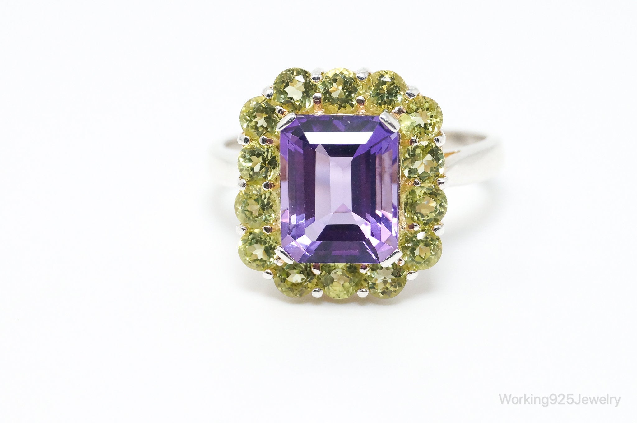 Vintage Designer Amethyst Peridot Sterling Silver Statement Ring - Size 9.75