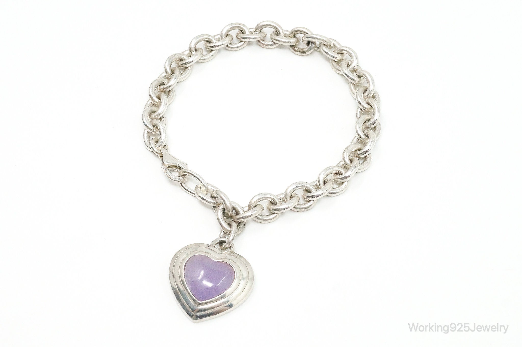 Designer CNA Lavender Jade Heart Chain Link Sterling Silver Bracelet