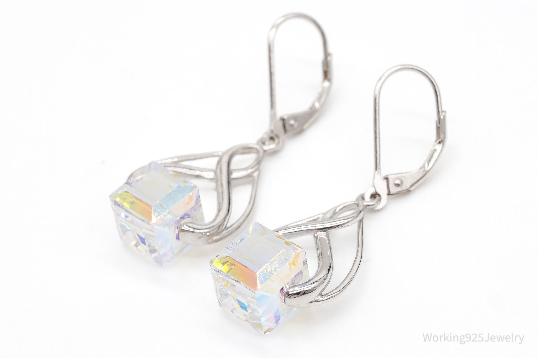 Vintage Designer FD Crystal Cube Prism Drop Dangle Sterling Silver Earrings