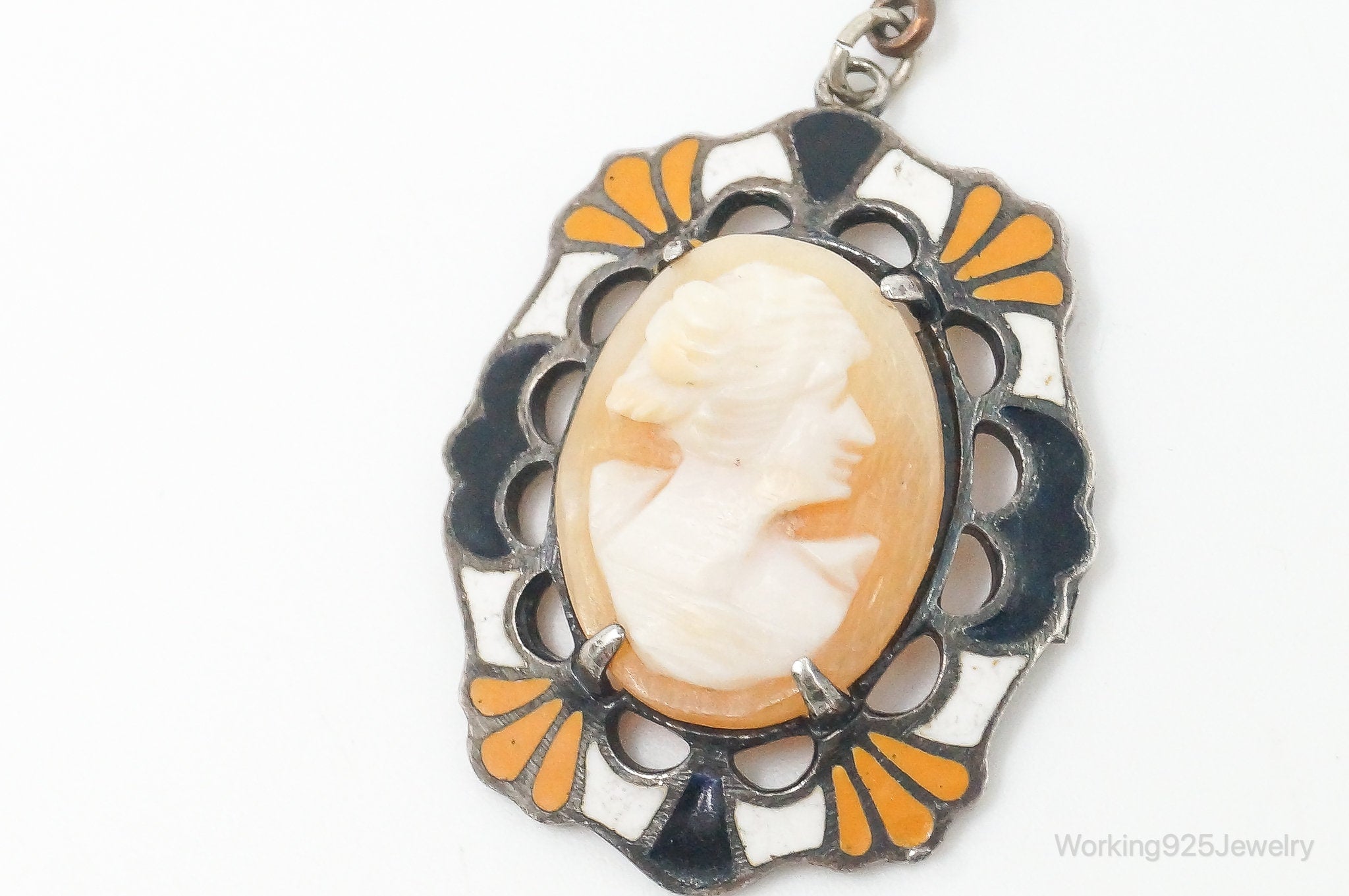 Antique Carved Woman Cameo Shell Enamel Sterling Silver Pendant