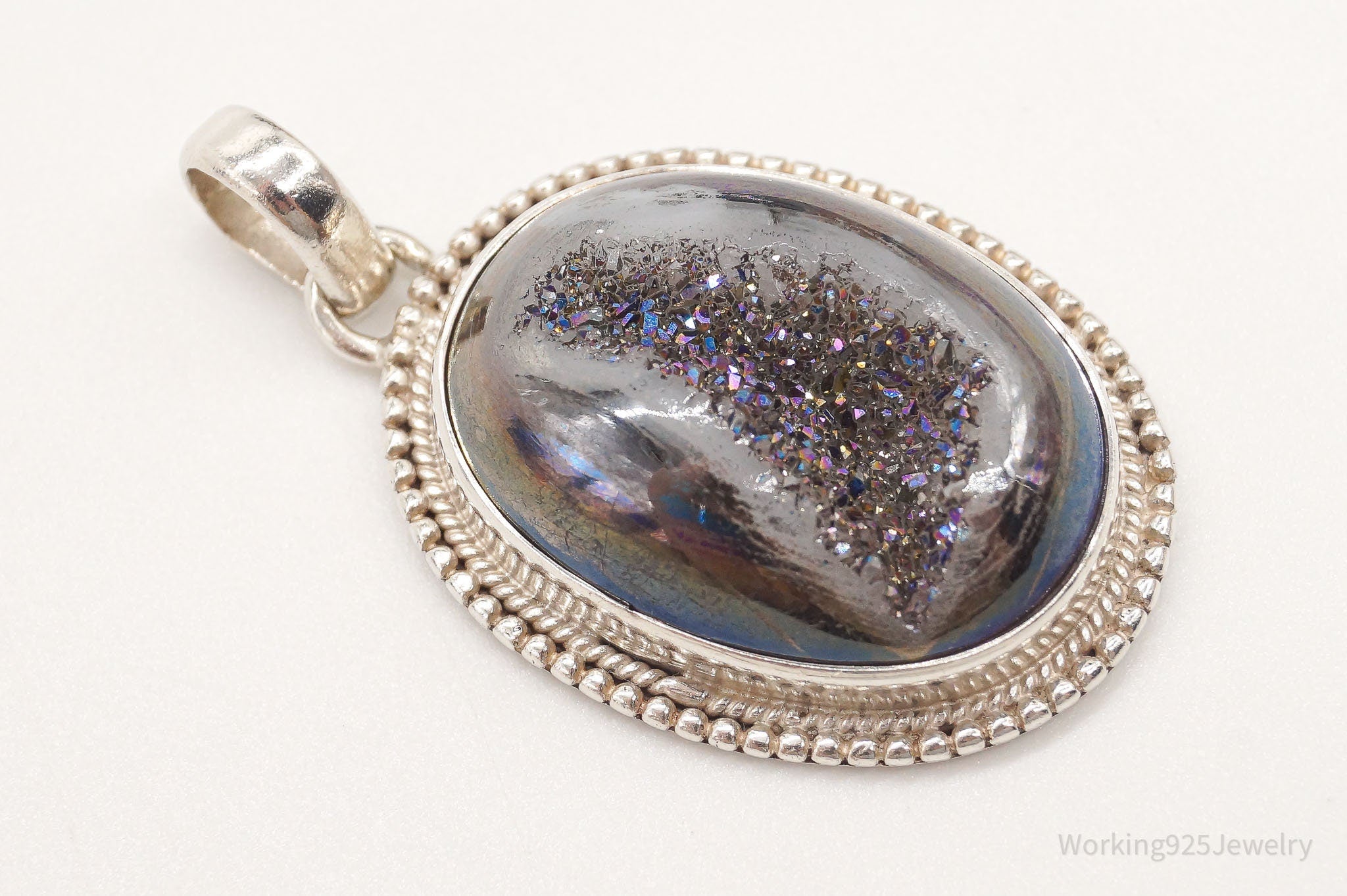 Vintage Large Druzy Quartz Sterling Silver Necklace Pendant