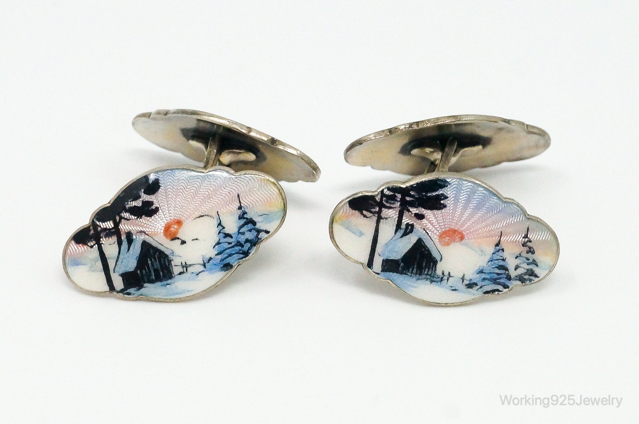 RARE Vintage Aksel Holmsen Enamel Cabin Scene Sterling Silver Cufflinks