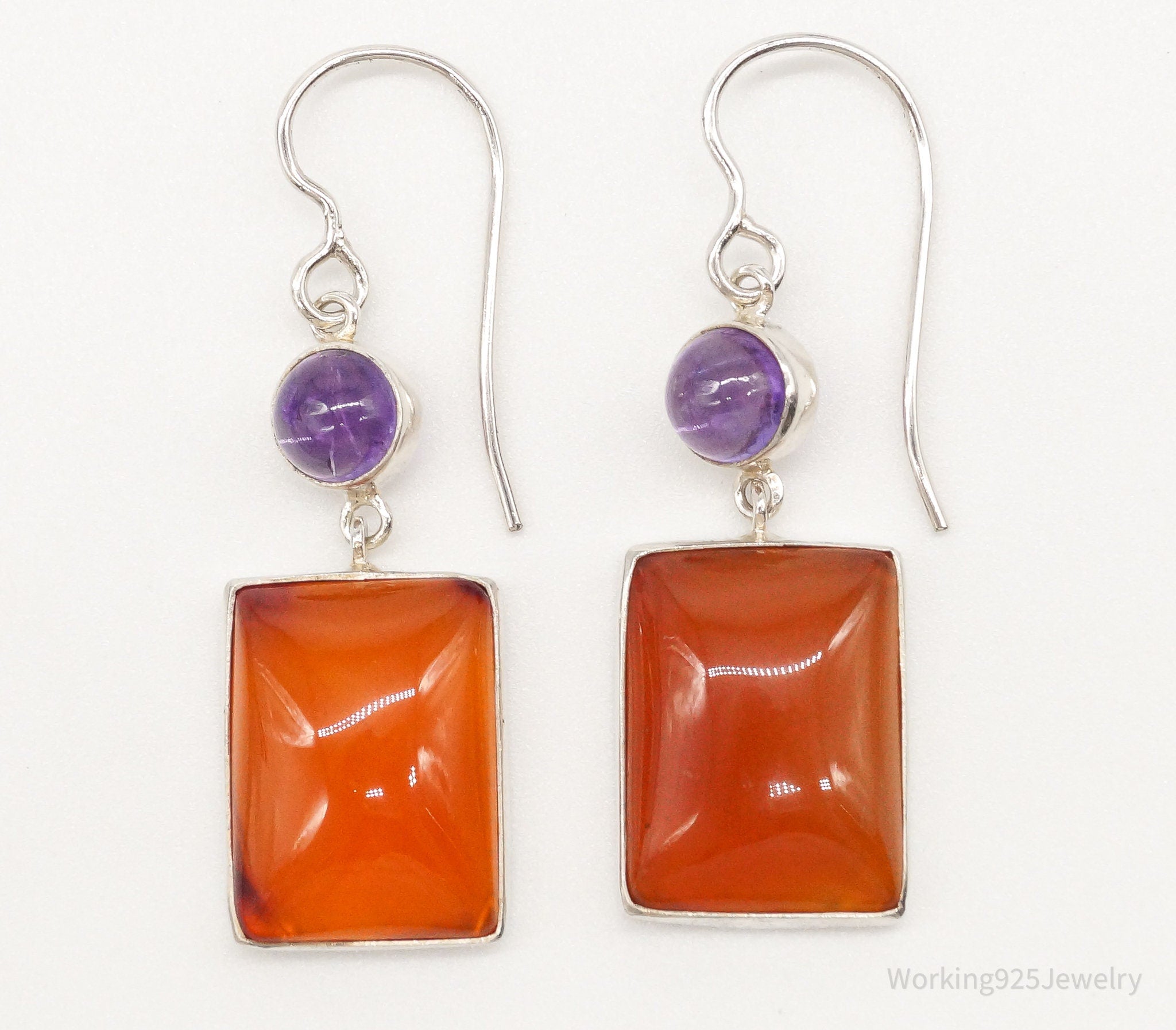 Vintage Carnelian Amethyst Sterling Silver Dangle Earrings