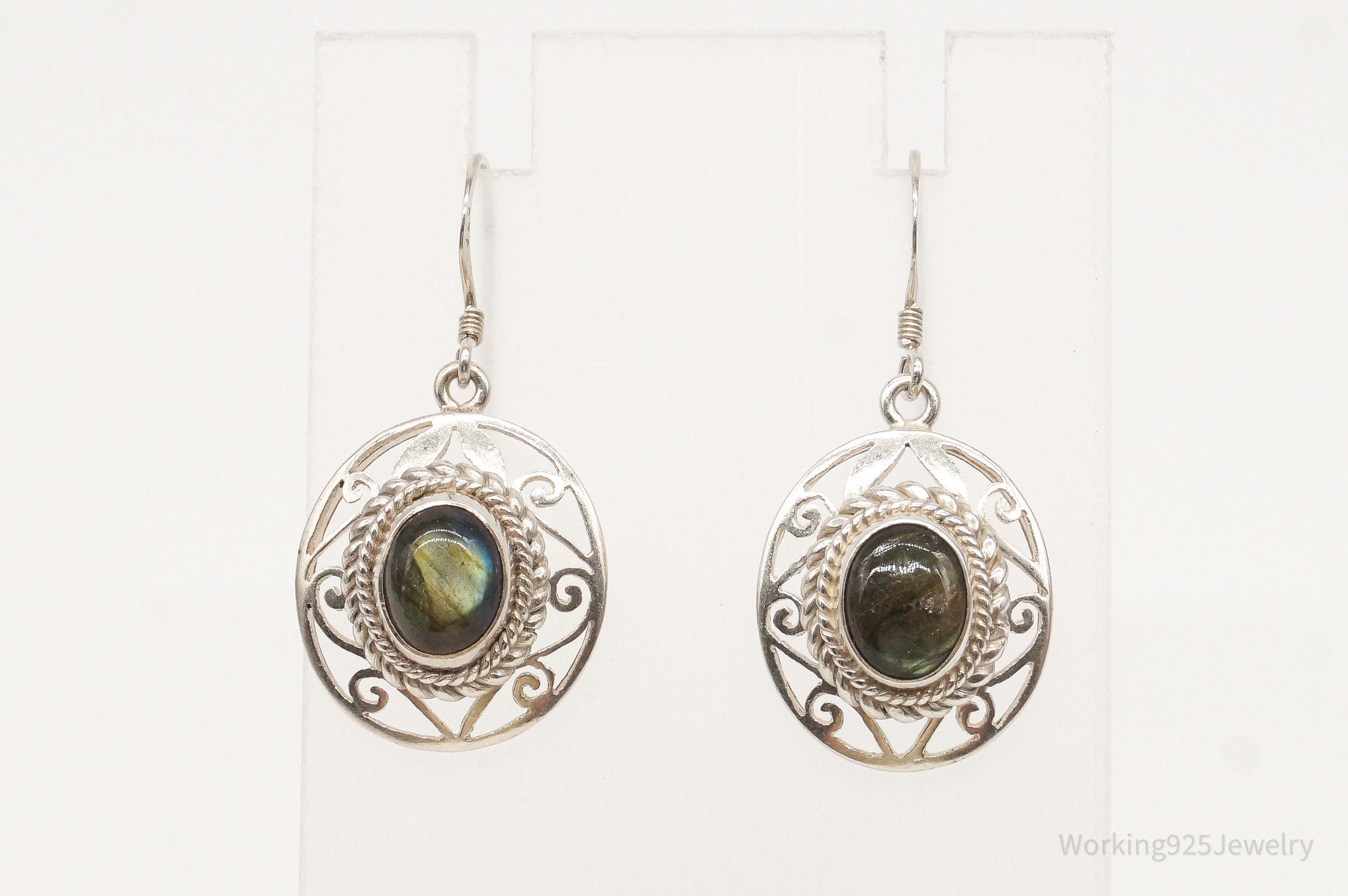 Vintage Labradorite Bali Inspired Filigree Openwork Sterling Silver Earrings