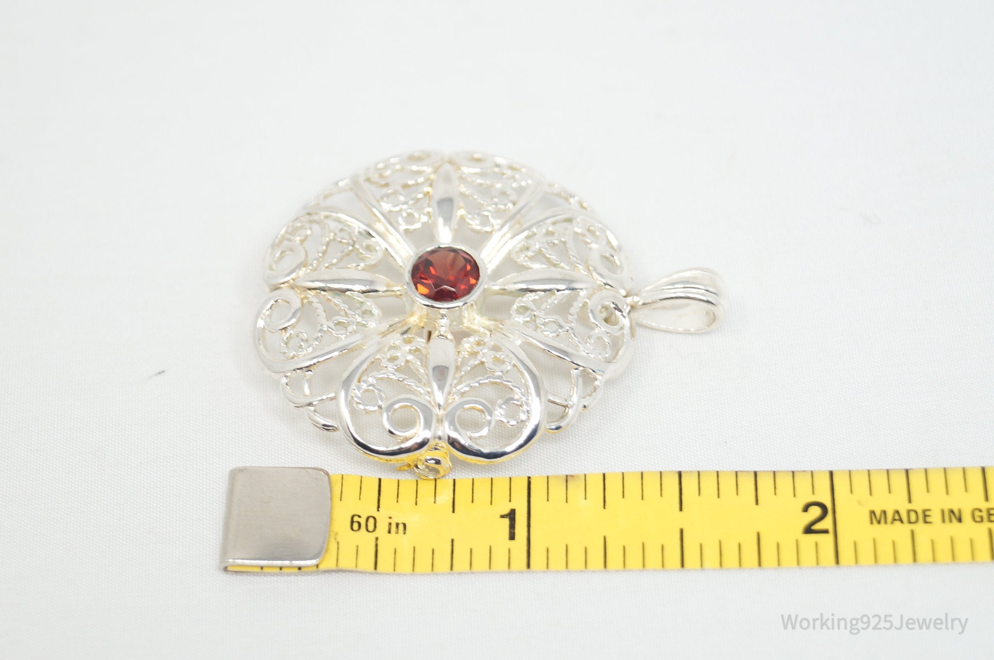 Large Vintage Red Garnet Floral Sterling Silver Brooch Pendant